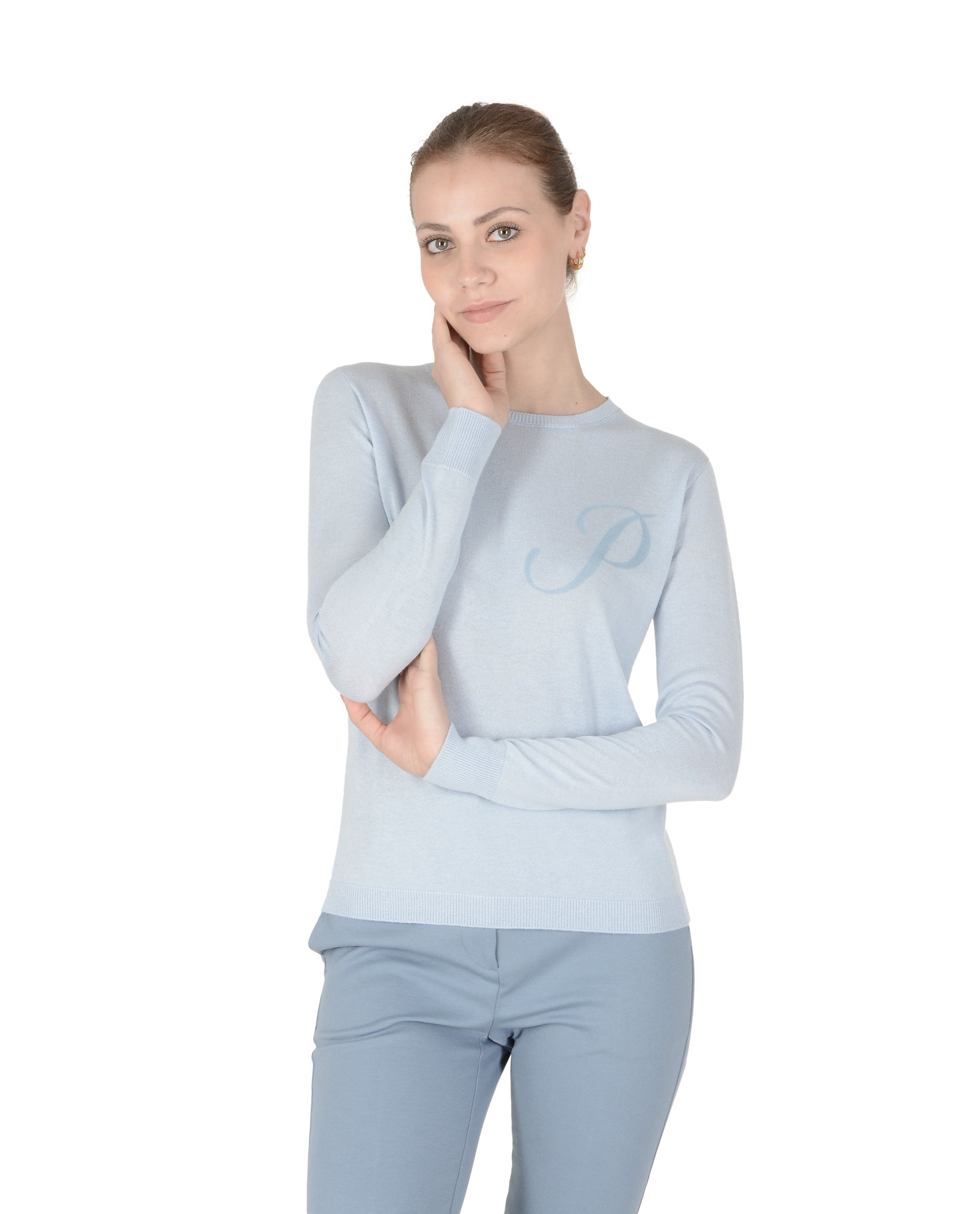 Jersey de cachemira de verano con cuello redondo y manga larga, azul claro