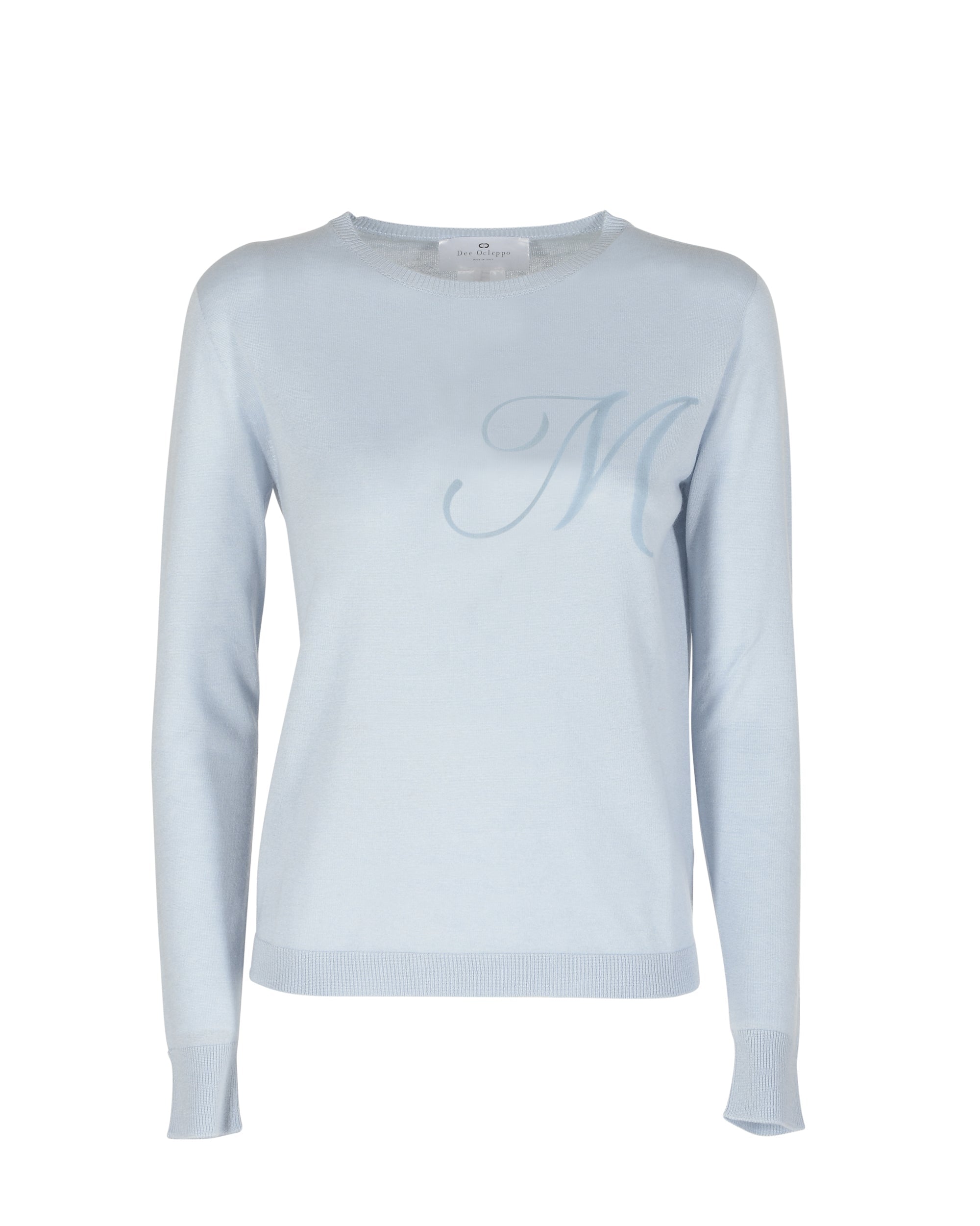 Jersey de cachemira de verano con cuello redondo y manga larga, azul claro
