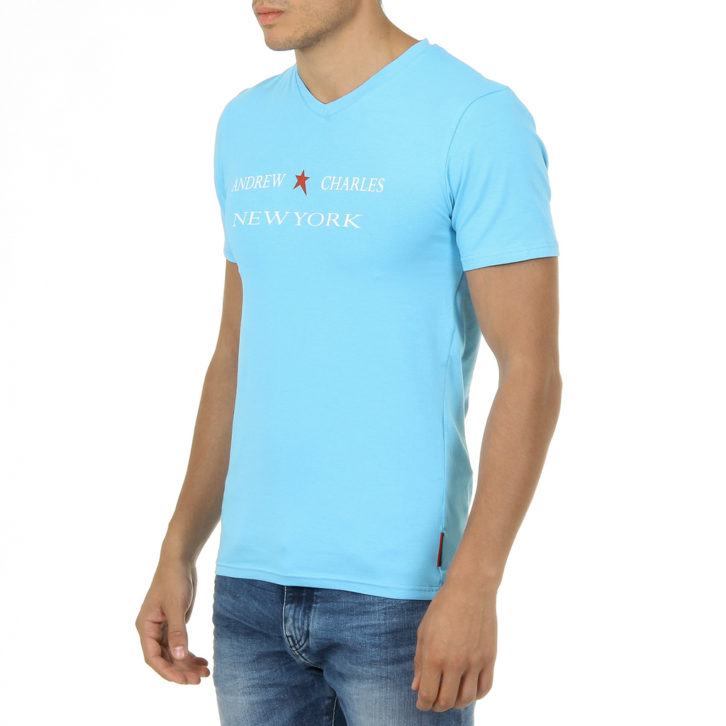 Camiseta Andrew Charles para hombre, manga corta, cuello en V, azul claro, KENAN