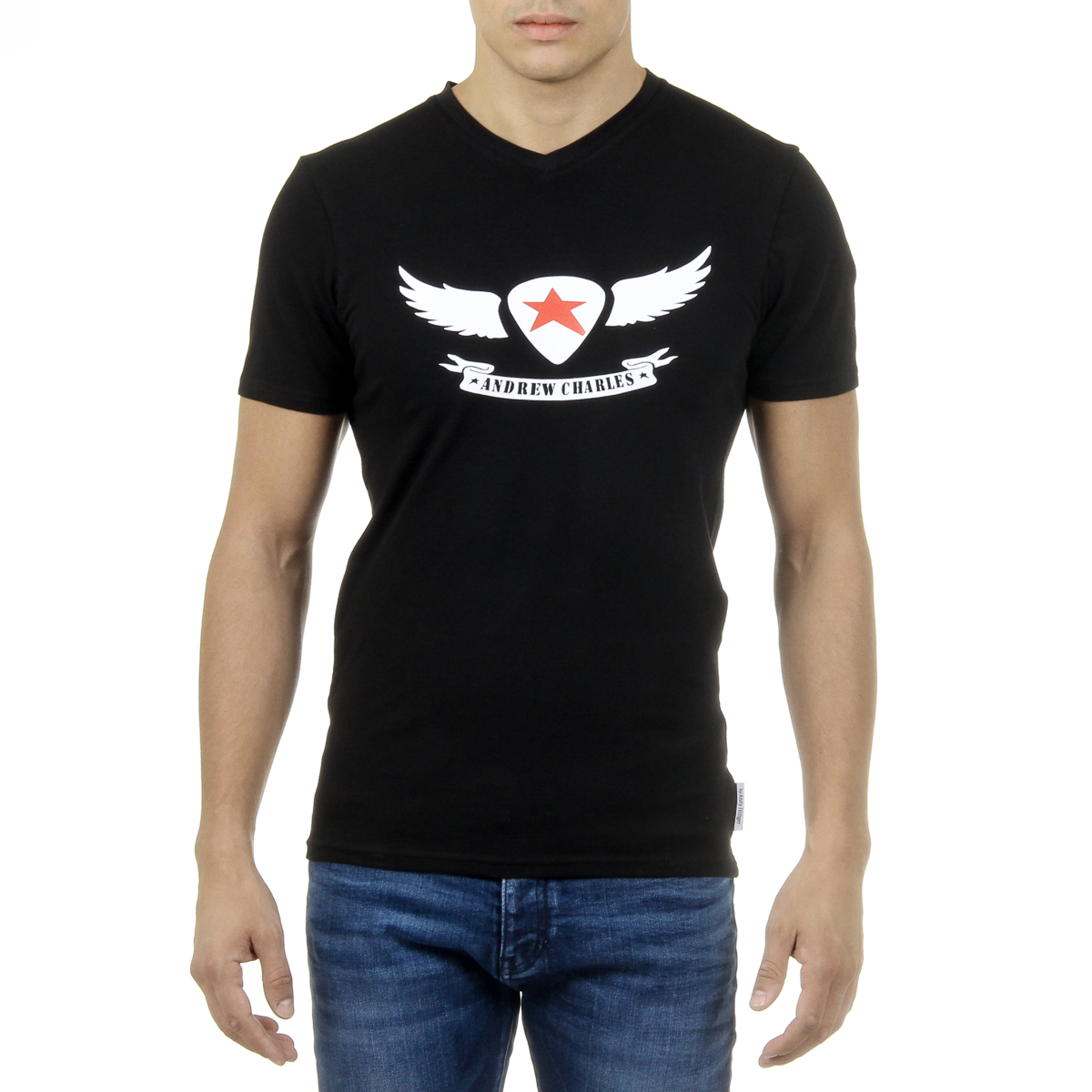 Camiseta Andrew Charles para hombre, manga corta, cuello en V, negra, KENAN