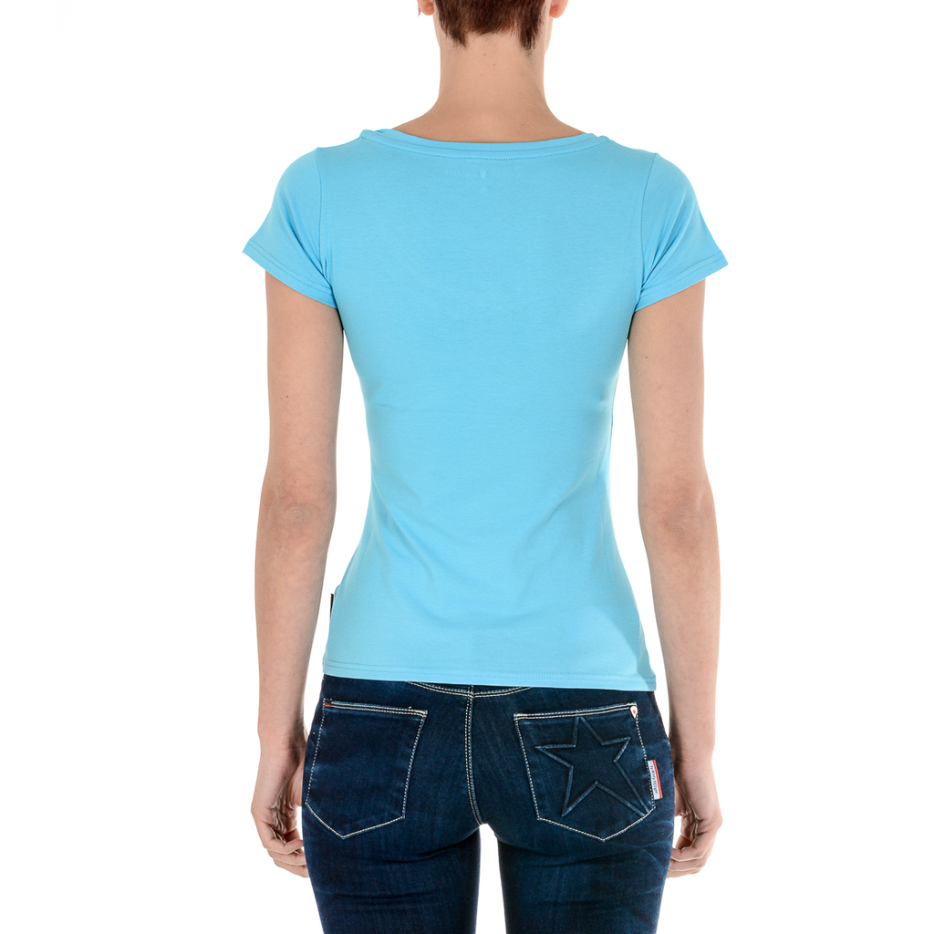 Camiseta Andrew Charles para mujer, manga corta, cuello en V, azul claro TAPIWA