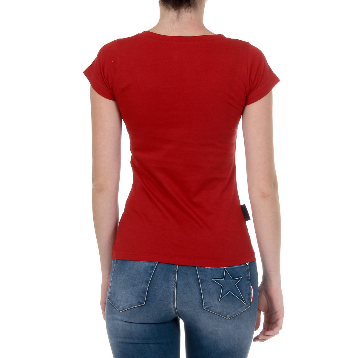 Camiseta Andrew Charles para mujer, manga corta, cuello en V, roja, TAPIWA
