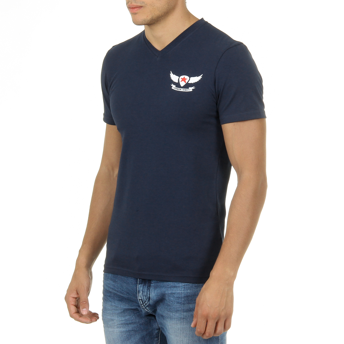 Camiseta Andrew Charles para hombre, manga corta, cuello en V, azul, KENAN