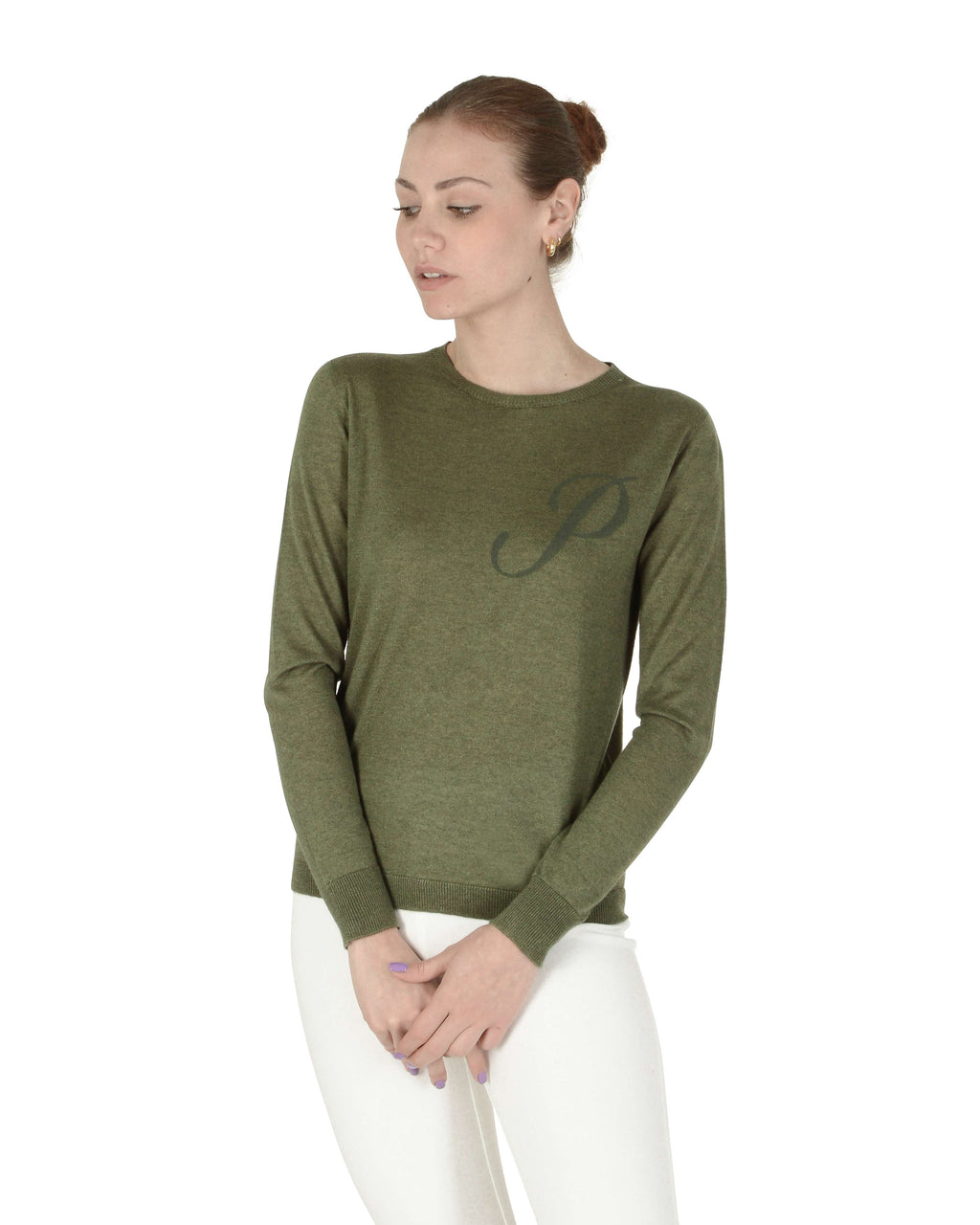 Jersey de cachemira de verano con cuello redondo y manga larga, color verde