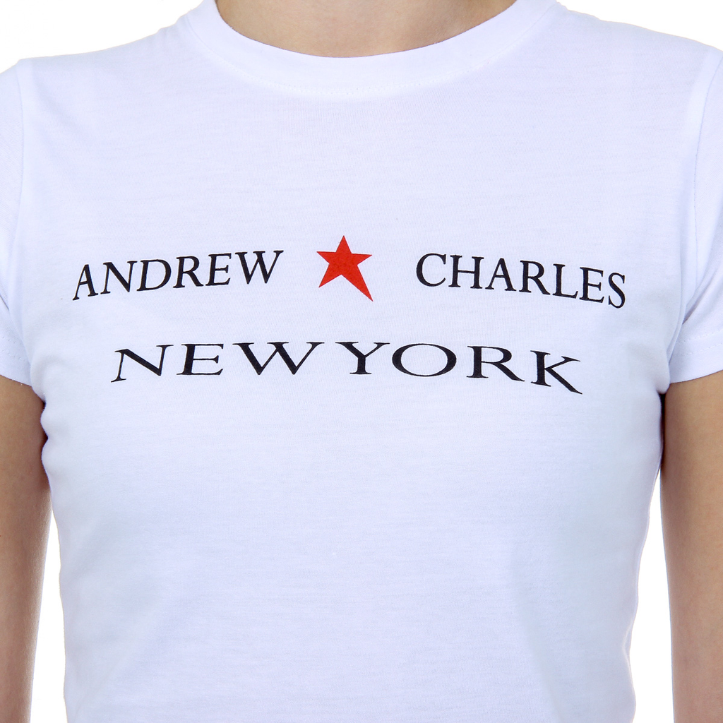 Camiseta Andrew Charles para mujer, manga corta, cuello redondo, color blanco TARANA