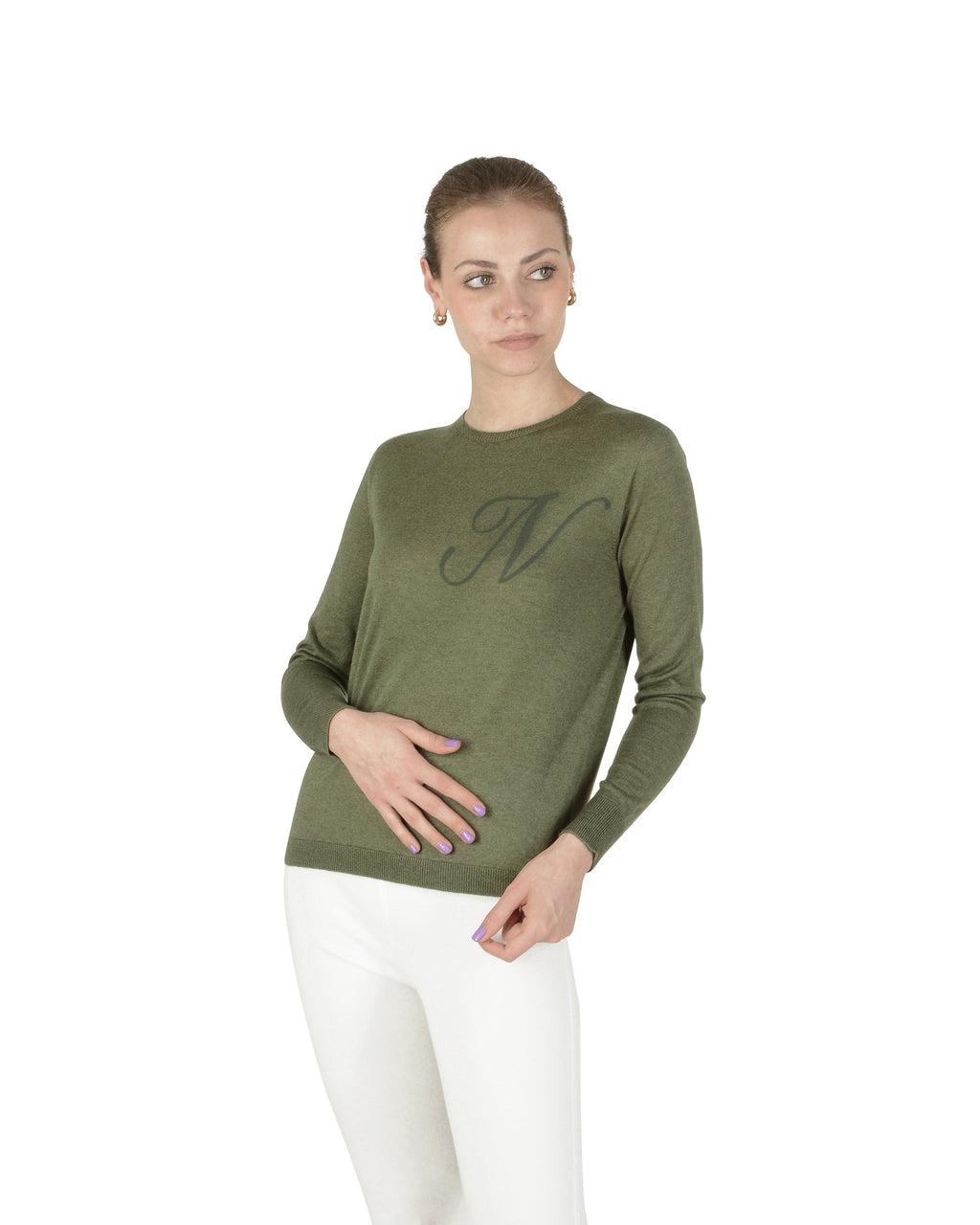 Jersey de cachemira de verano con cuello redondo y manga larga, color verde