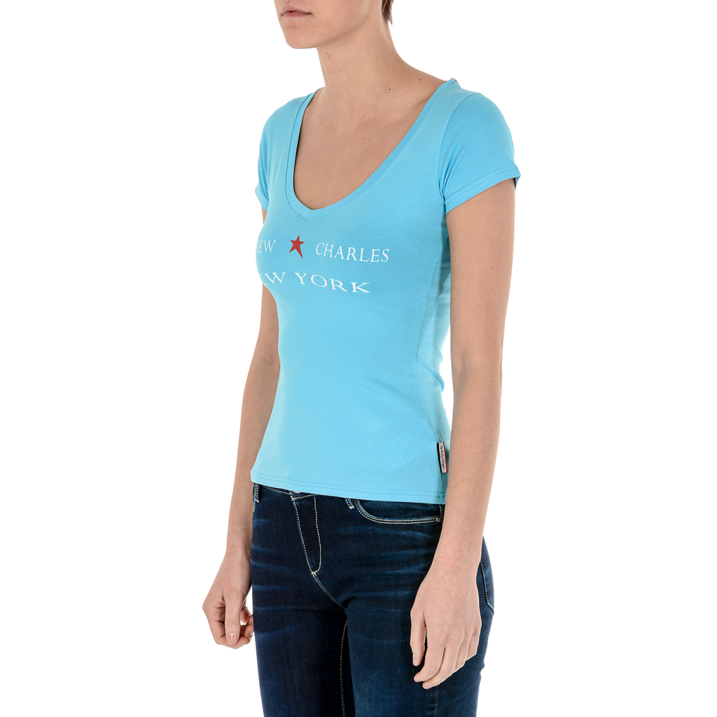 Camiseta Andrew Charles para mujer, manga corta, cuello en V, azul claro TAPIWA