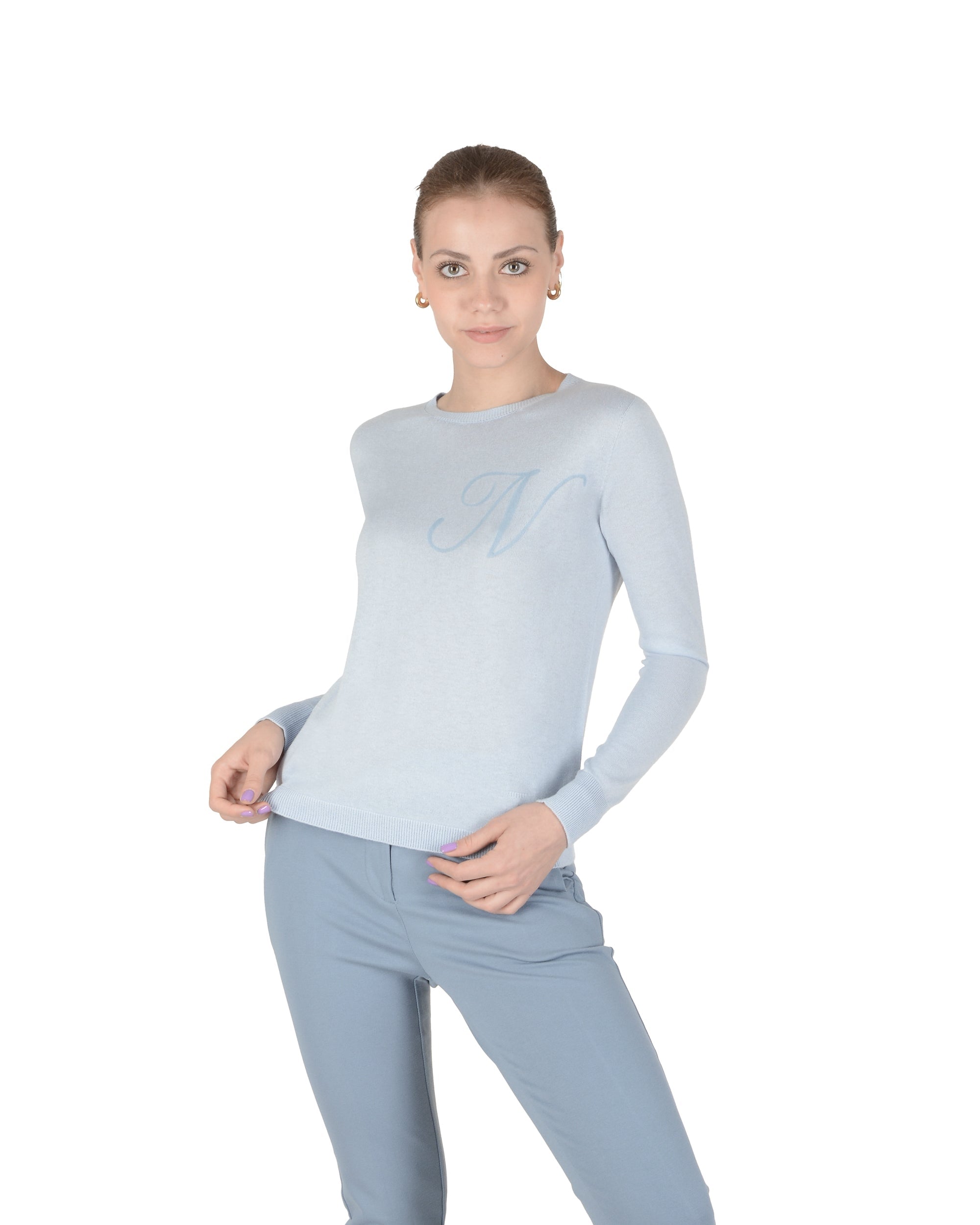 Jersey de cachemira de verano con cuello redondo y manga larga, azul claro
