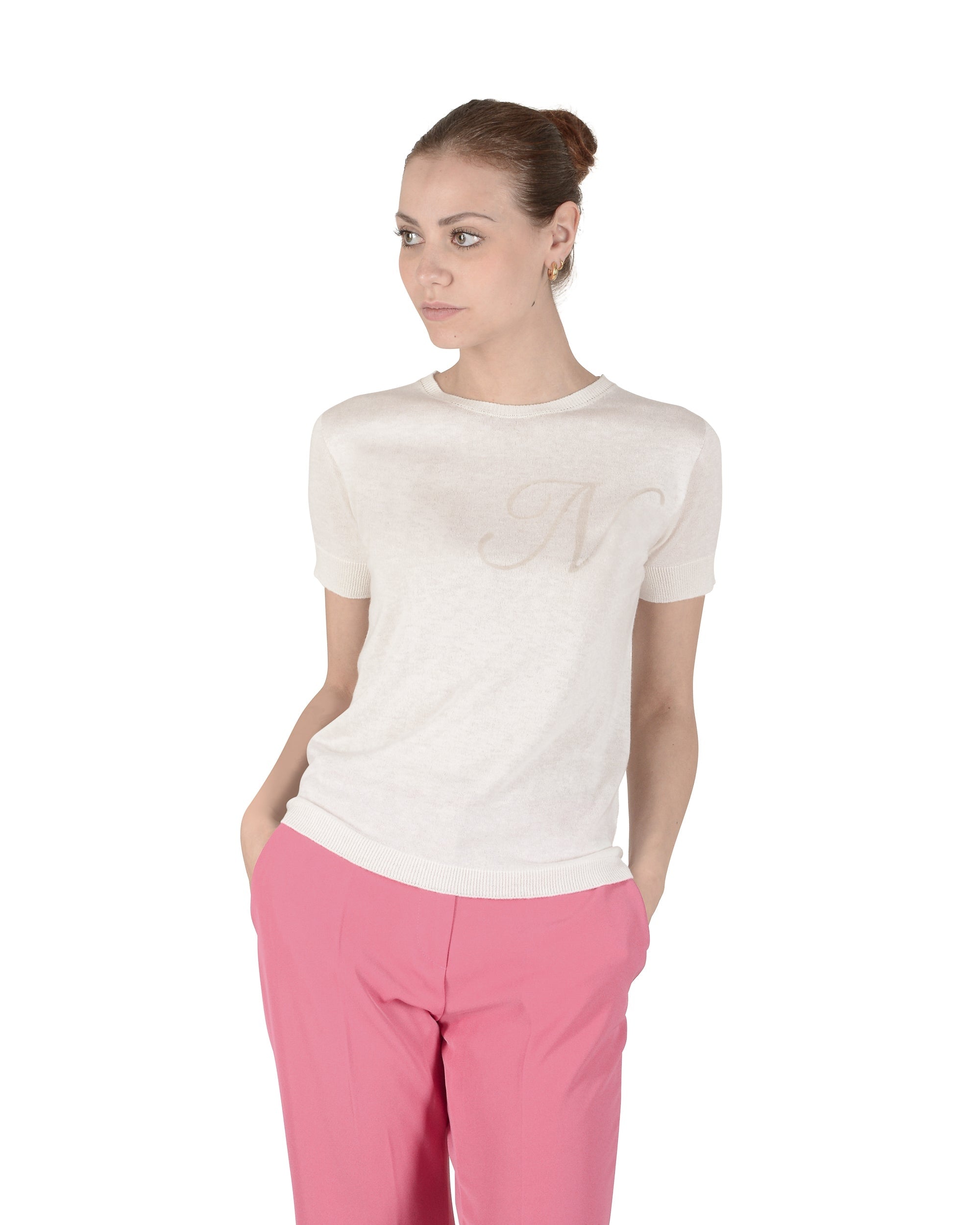Jersey de cachemira de verano, cuello redondo, manga corta, color marfil
