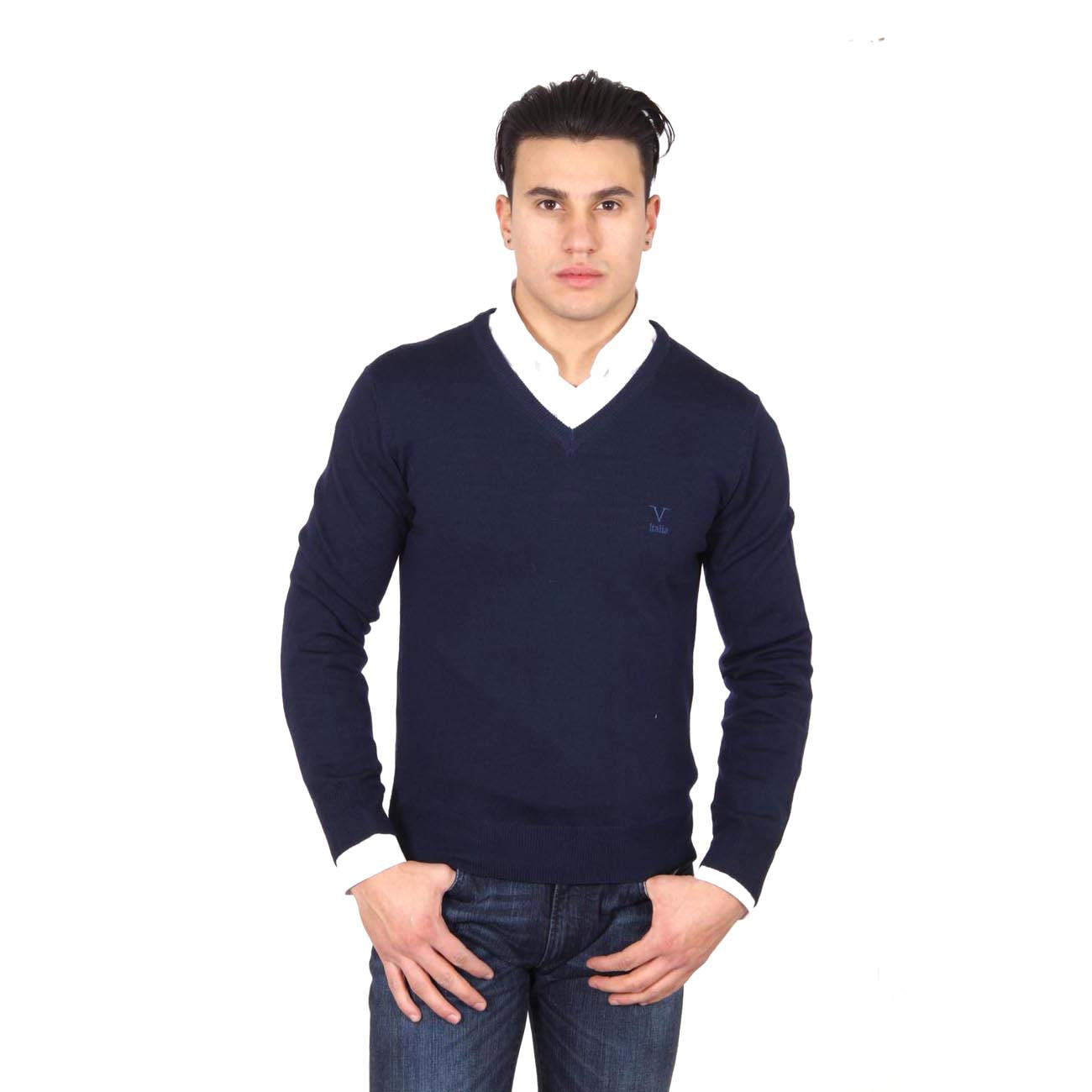 V 1969 Italia Jersey con cuello de pico para hombre 9801 SCOLLO V BLU NAVY