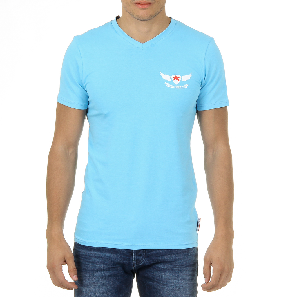 Camiseta Andrew Charles para hombre, manga corta, cuello en V, azul claro, KENAN