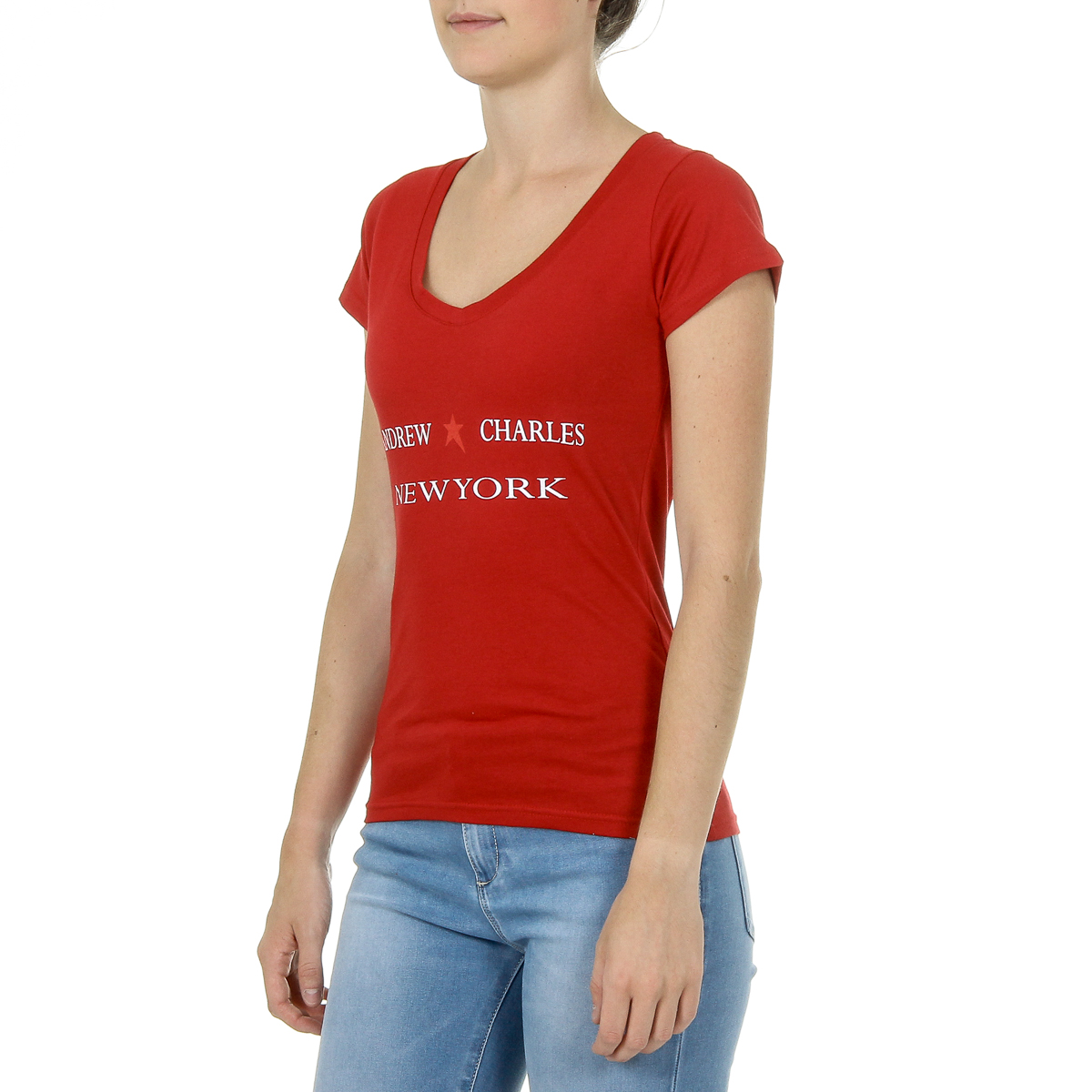 Camiseta Andrew Charles para mujer, manga corta, cuello en V, roja, TAPIWA