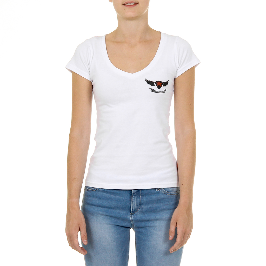 Camiseta Andrew Charles para mujer, manga corta, cuello en V, blanca, TAPIWA
