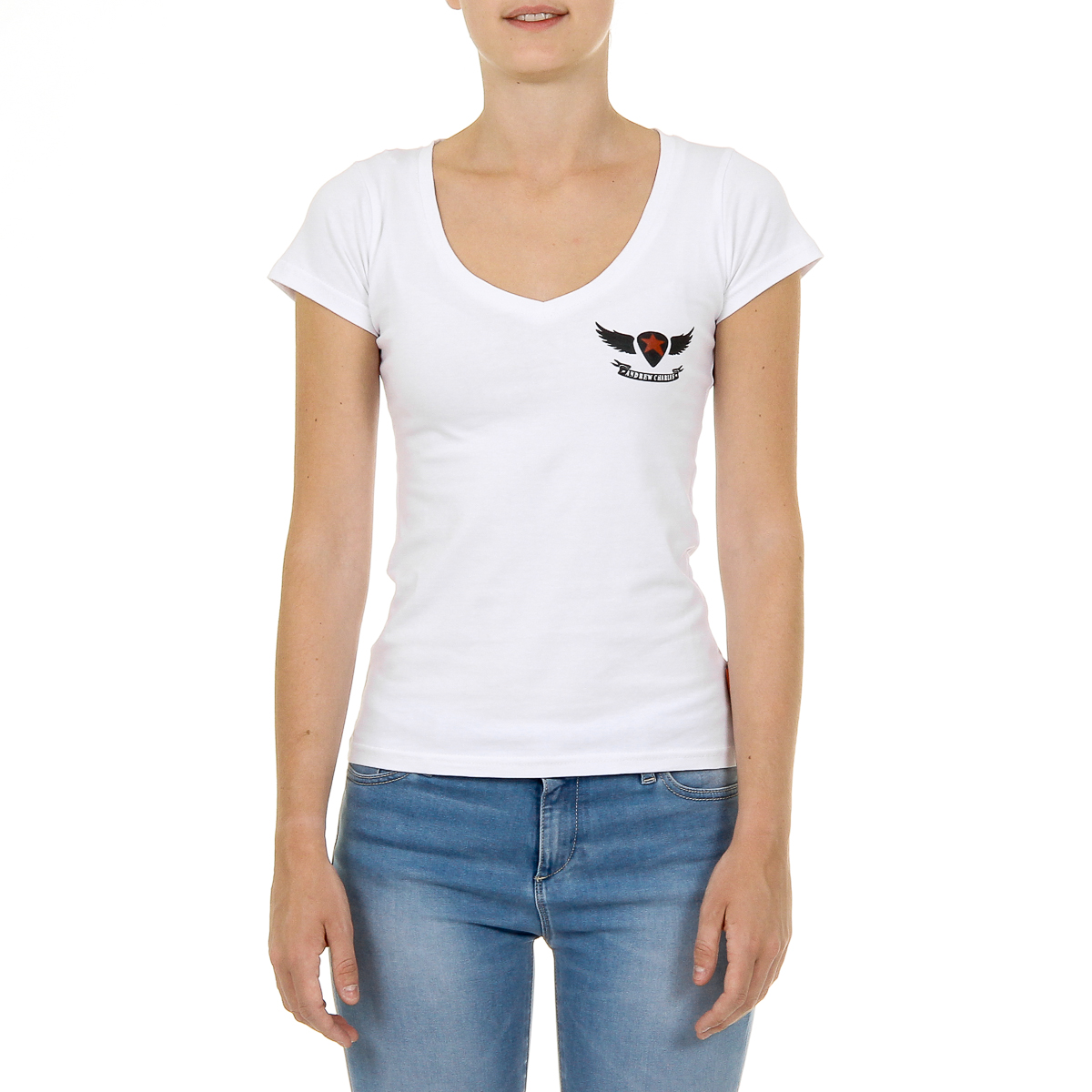 Camiseta Andrew Charles para mujer, manga corta, cuello en V, blanca, TAPIWA