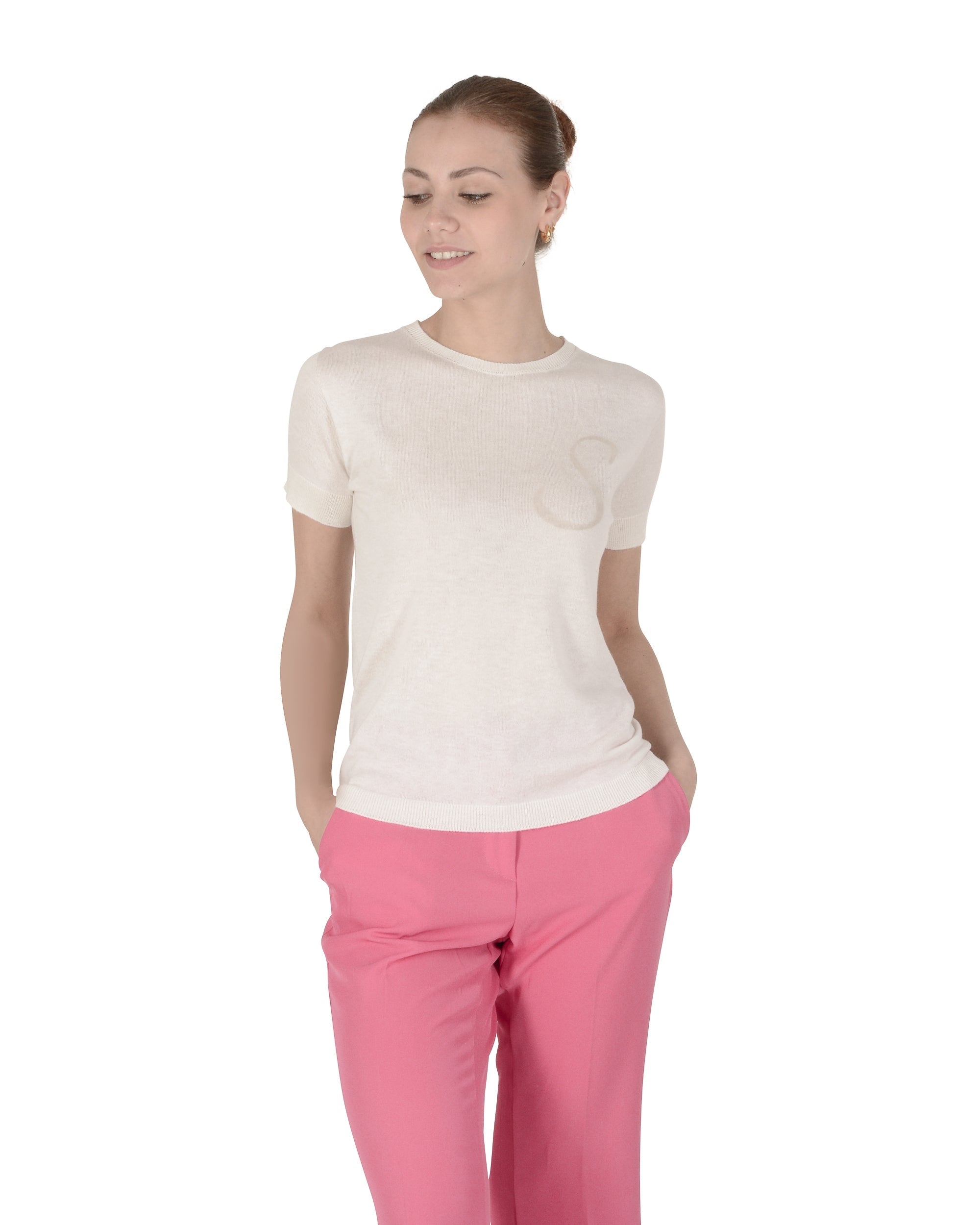 Jersey de cachemira de verano, cuello redondo, manga corta, color marfil