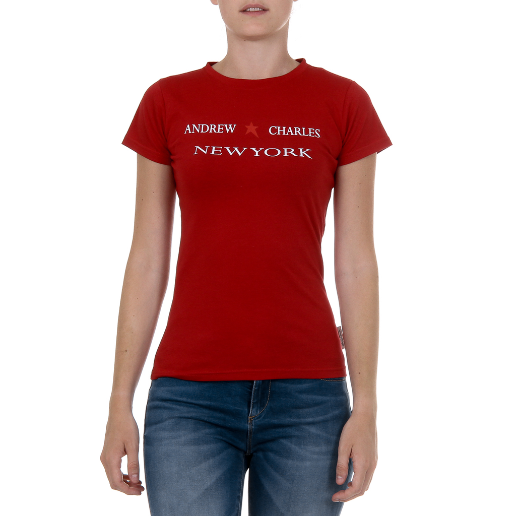Camiseta Andrew Charles para mujer, manga corta, cuello redondo, color rojo TARANA