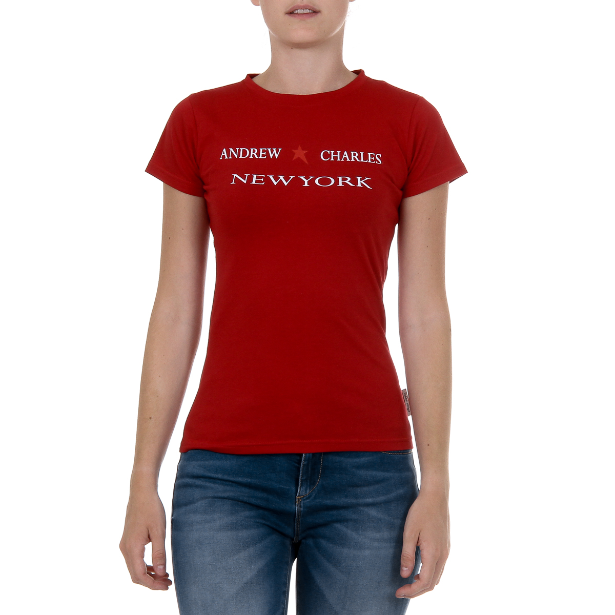 Camiseta Andrew Charles para mujer, manga corta, cuello redondo, color rojo TARANA