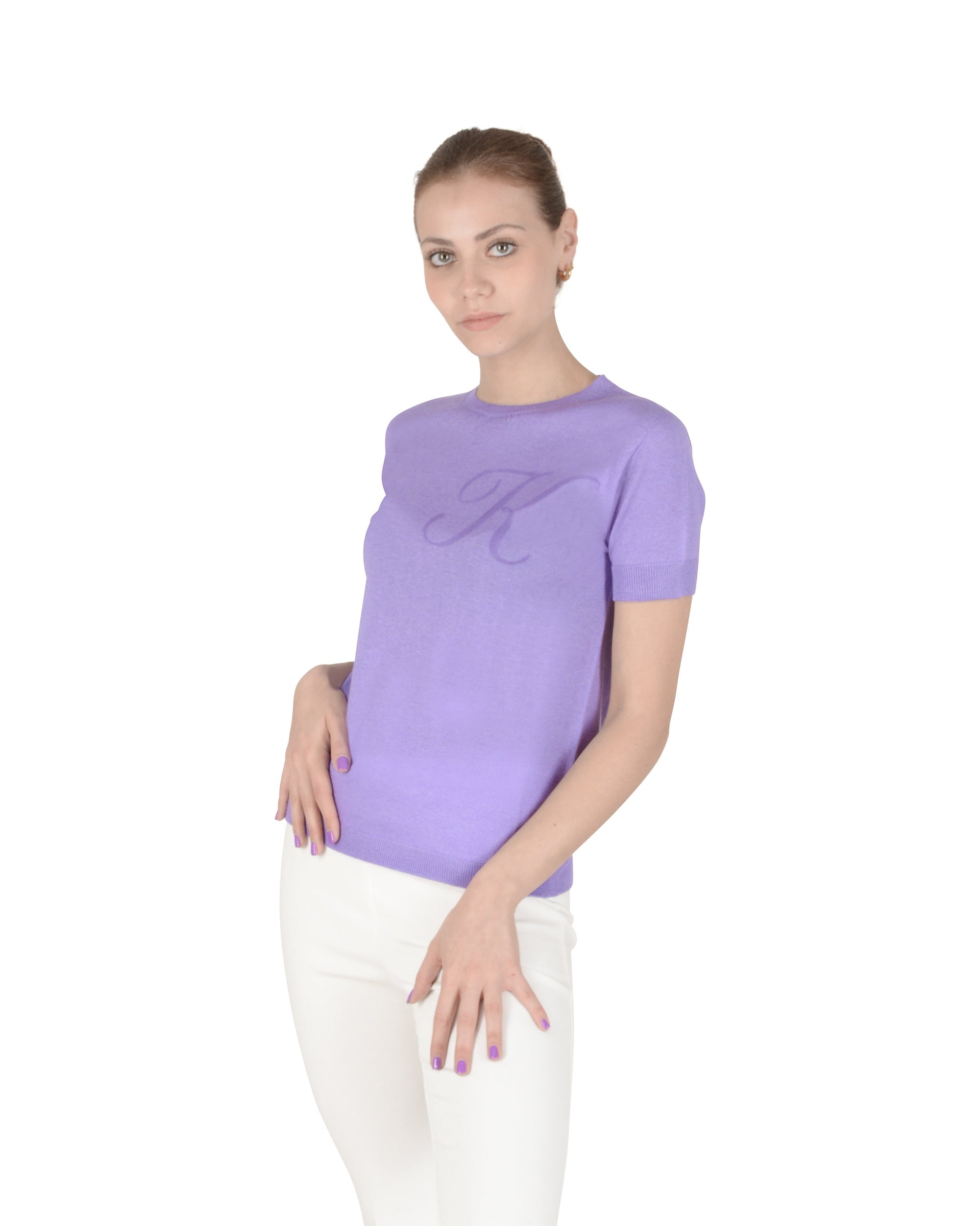 Jersey de cachemira de verano con cuello redondo y manga corta, color lila