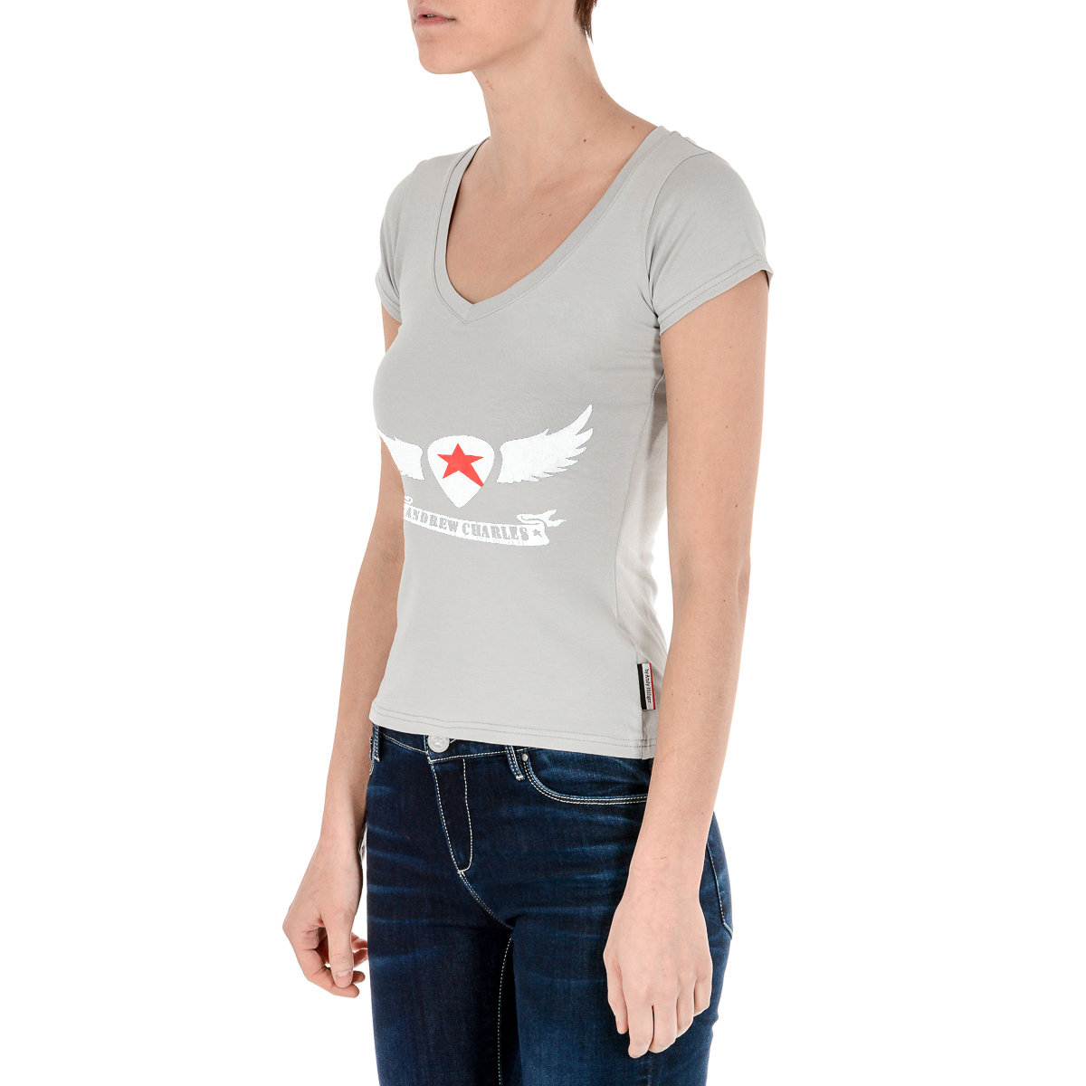 Camiseta Andrew Charles para mujer, manga corta, cuello en V, gris, TAPIWA