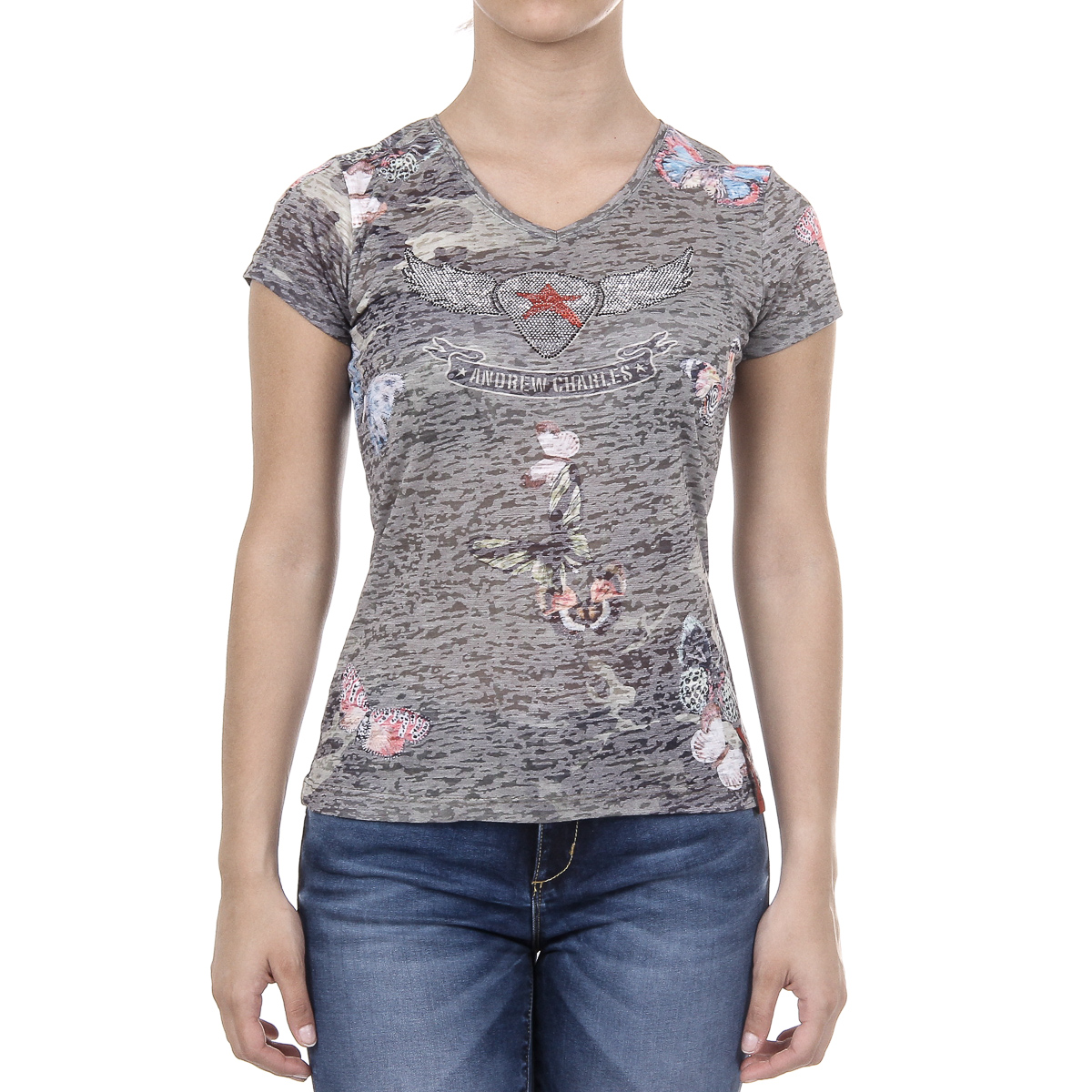 Andrew Charles Womens T-shirt Short Sleeves V-Neck Dark Green STELLA