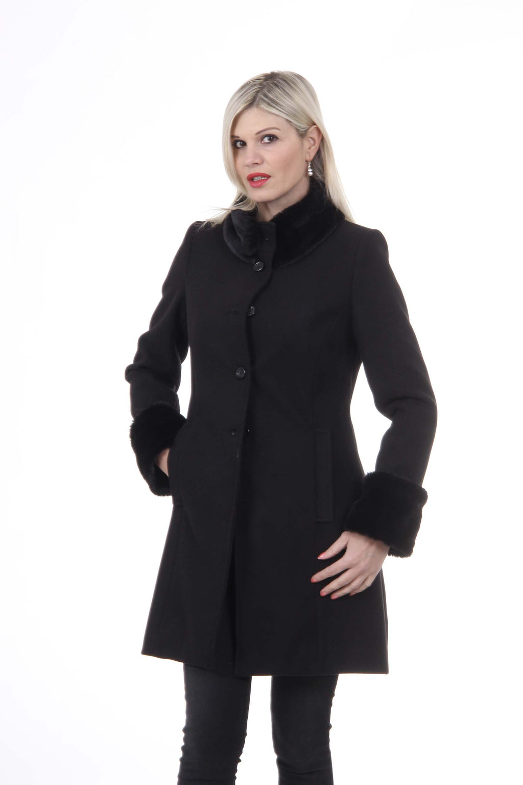 Abrigo de mujer V 1969 Italia CAPPOTTO LINDA TESS. TERCIOPELO + PELLICCIA NERO