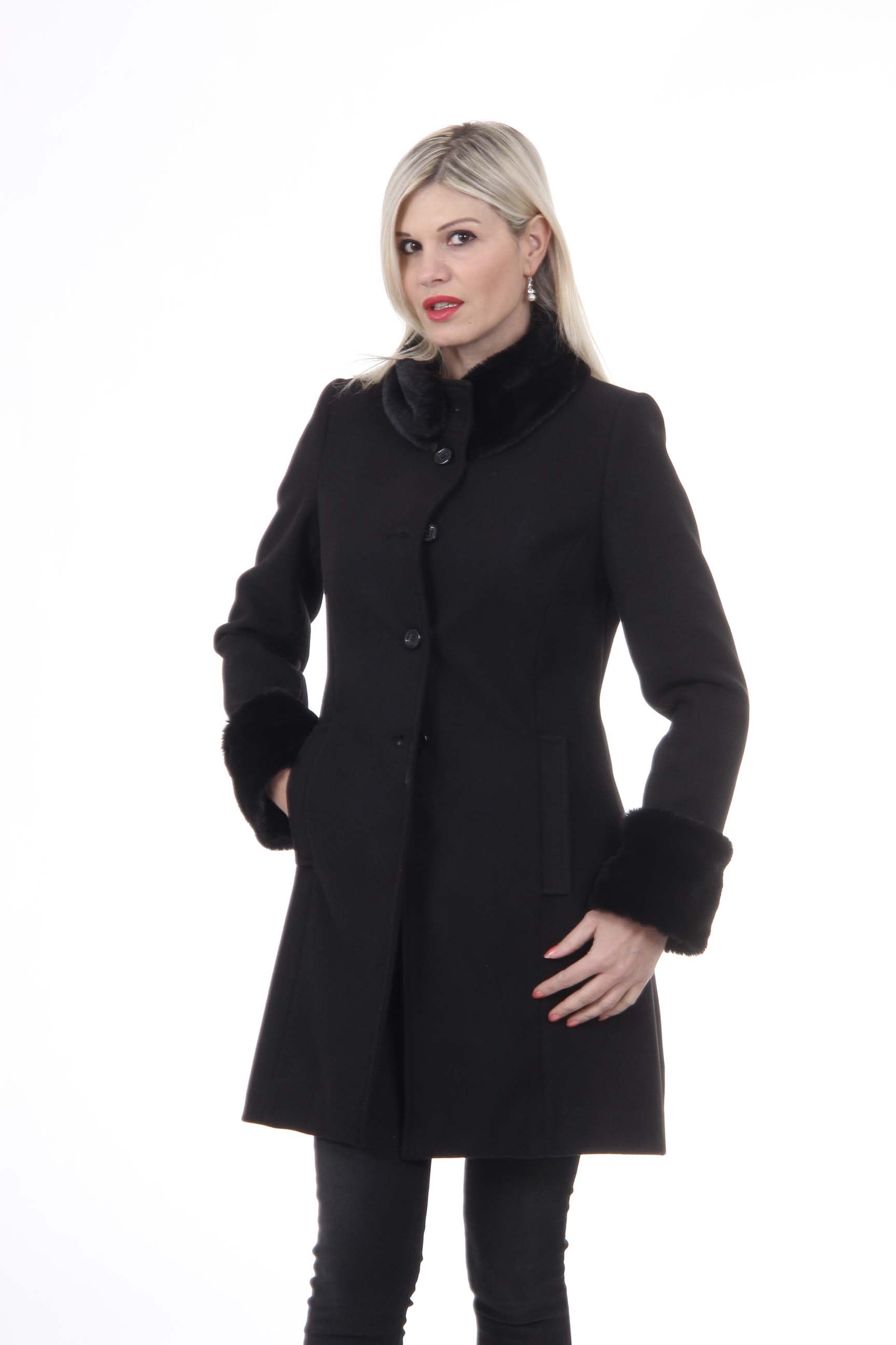 Abrigo de mujer V 1969 Italia CAPPOTTO LINDA TESS. TERCIOPELO + PELLICCIA NERO