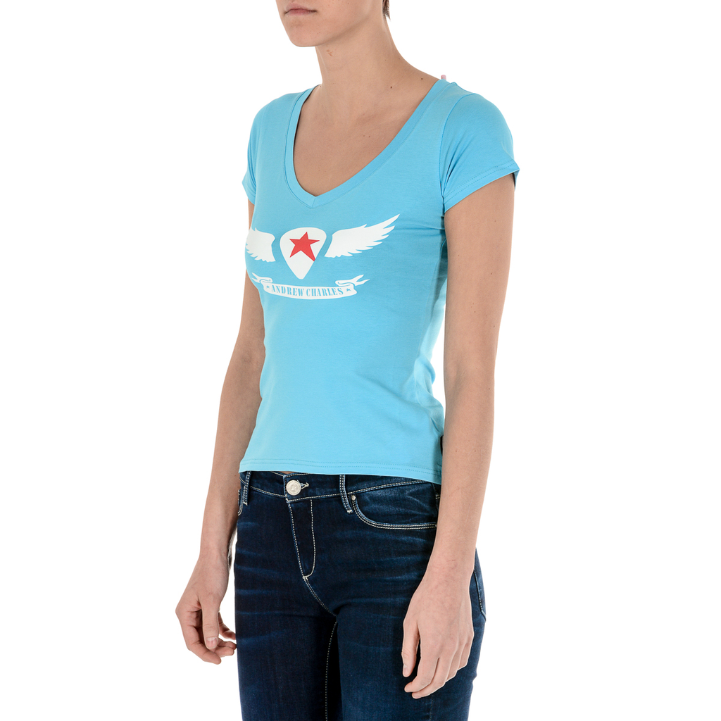 Camiseta Andrew Charles para mujer, manga corta, cuello en V, azul claro TAPIWA