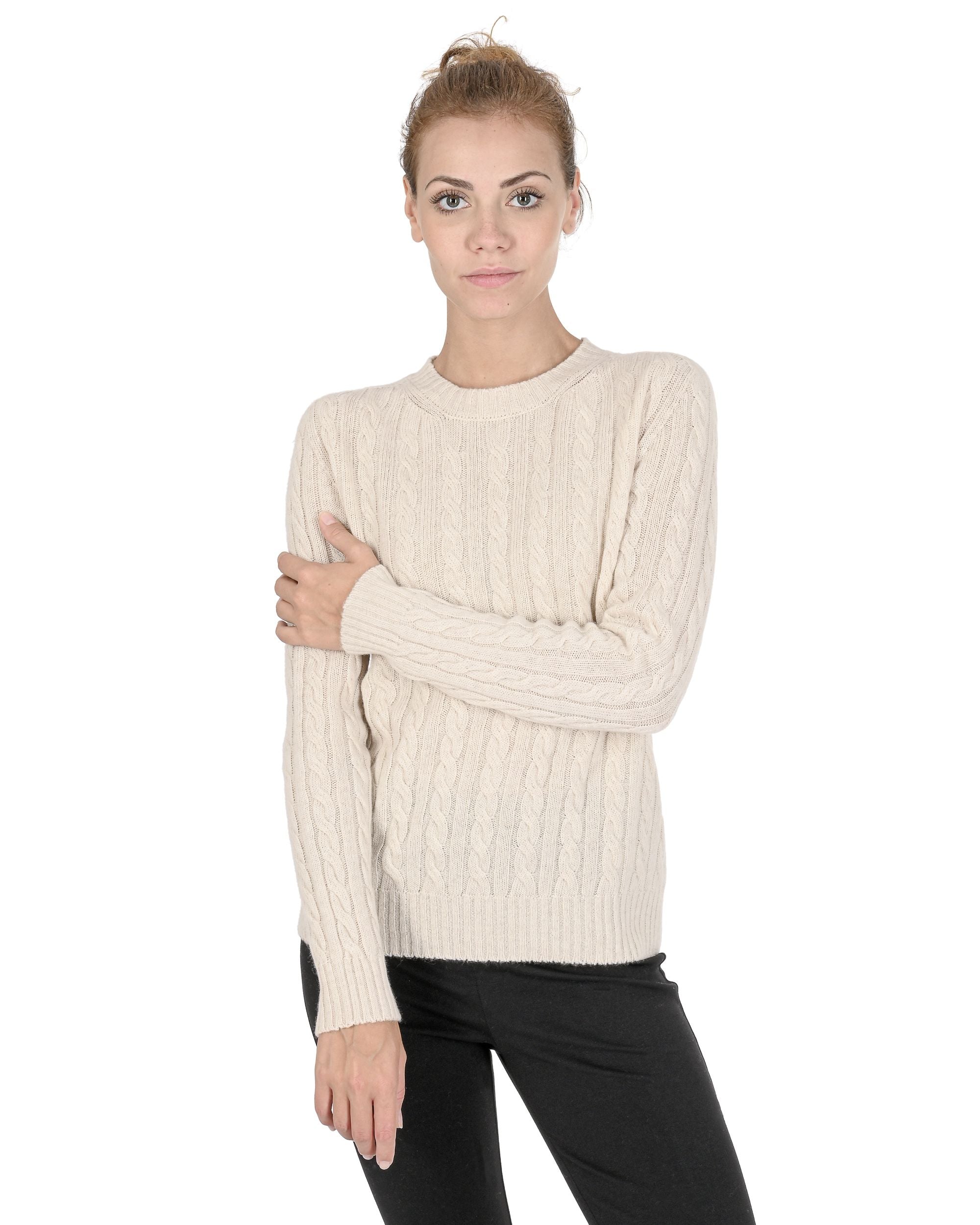 Suéter de cuello redondo para mujer de cachemira Crown of Edinburgh COE 0033 CREMA