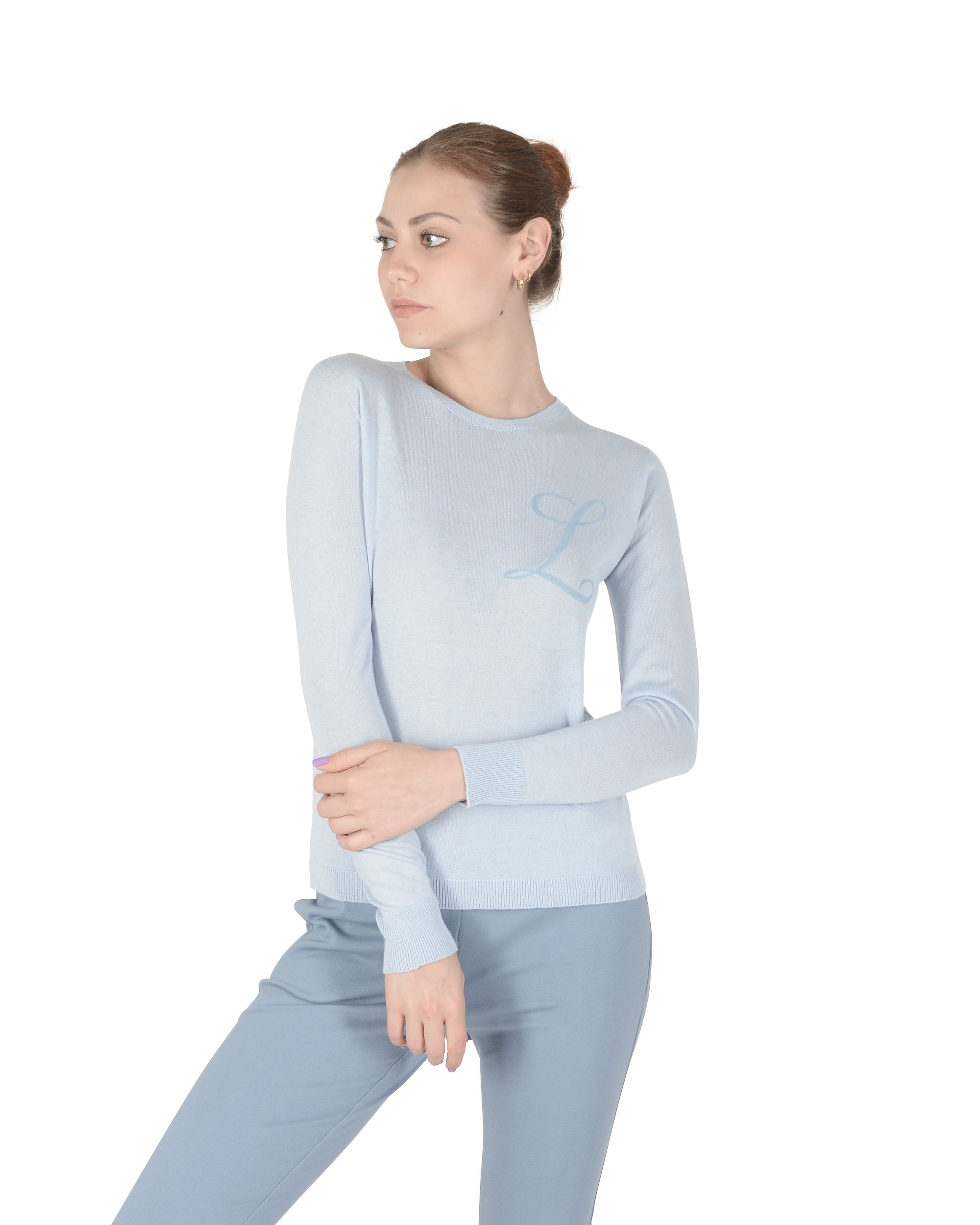Jersey de cachemira de verano con cuello redondo y manga larga, azul claro