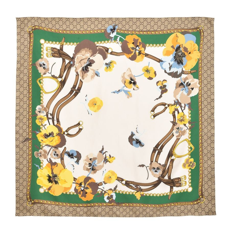 Pañuelo Gucci GG con estampado de monograma 100% seda, 90 x 90 cm, marrón multi
