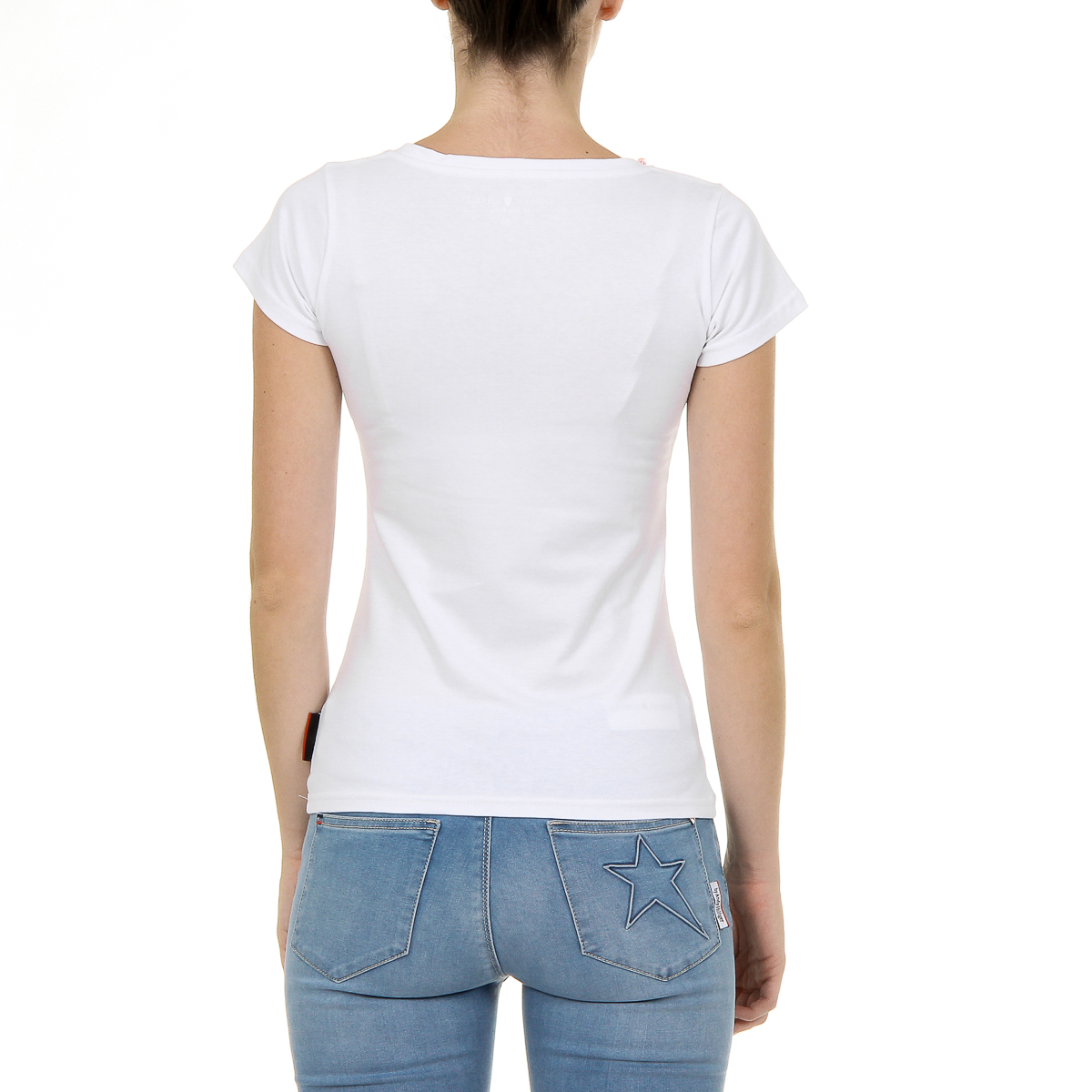 Camiseta Andrew Charles para mujer, manga corta, cuello en V, blanca, TAPIWA