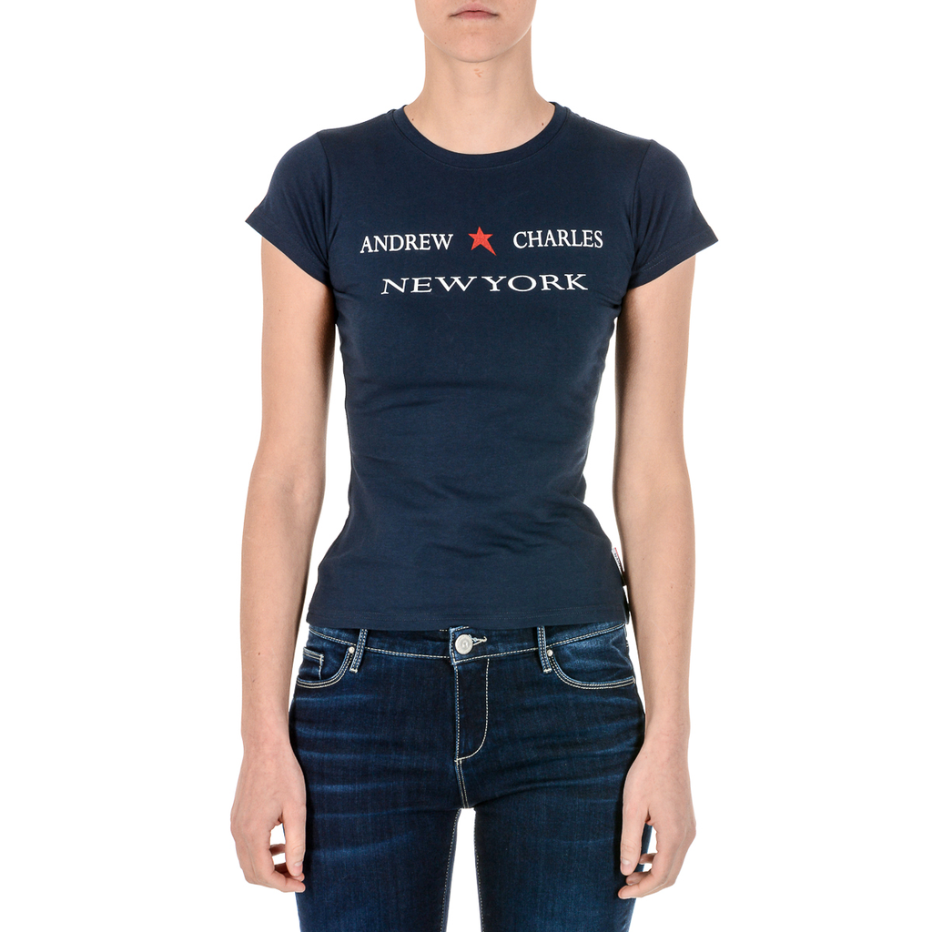 Camiseta Andrew Charles para mujer, manga corta, cuello redondo, azul, TARANA