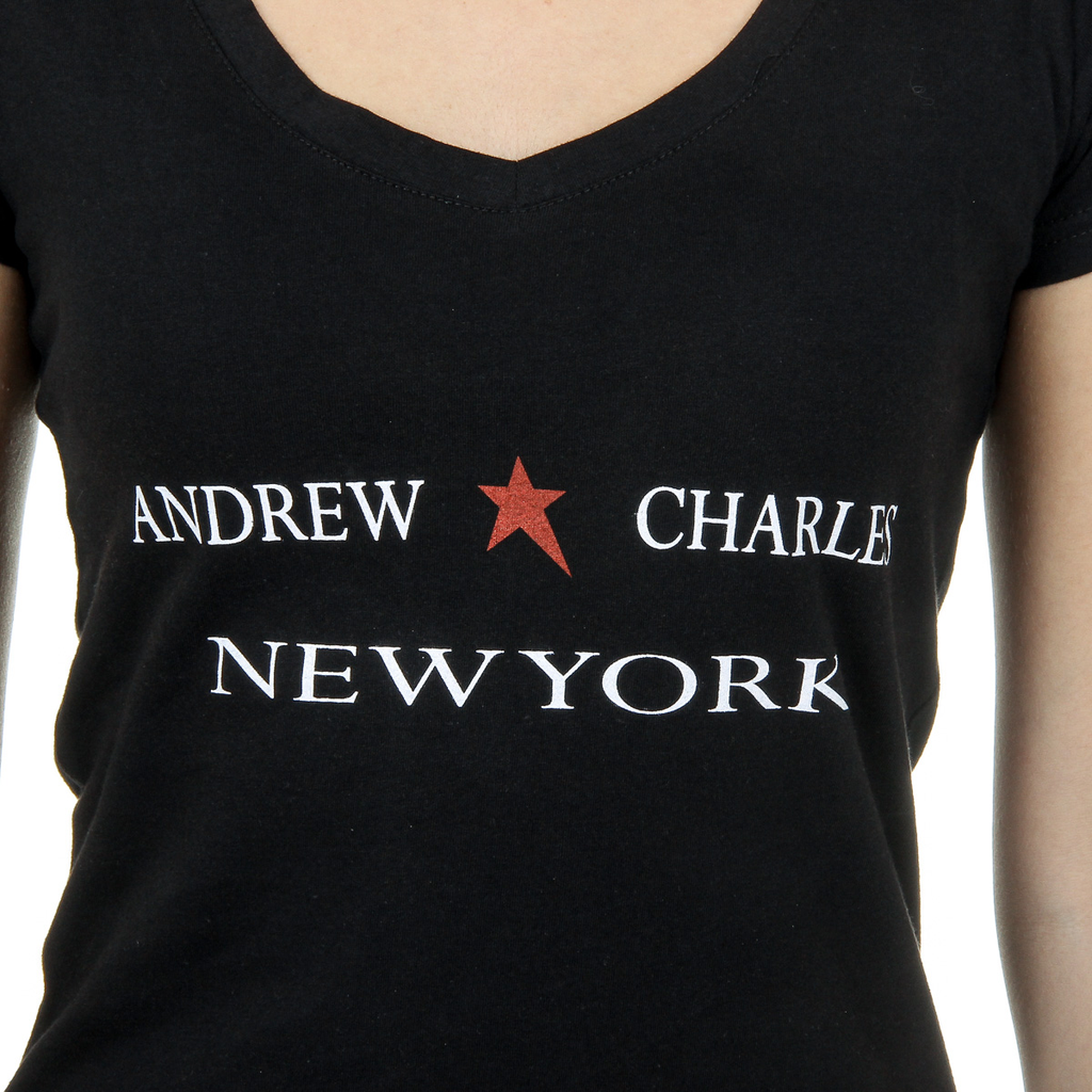Camiseta Andrew Charles para mujer, manga corta, cuello en V, negra, TAPIWA
