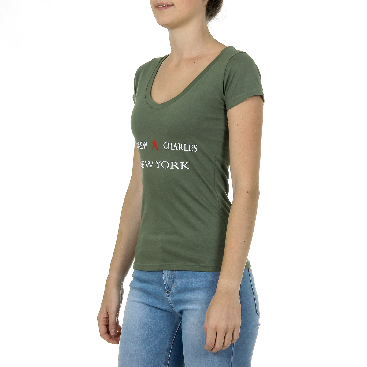 Camiseta Andrew Charles para mujer, manga corta, cuello en V, verde TAPIWA