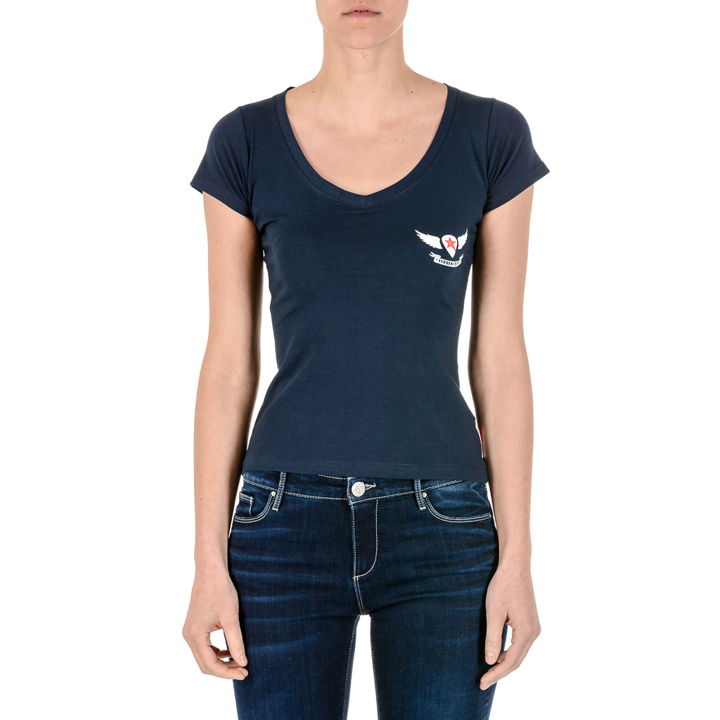 Camiseta Andrew Charles para mujer, manga corta, cuello en V, azul TAPIWA
