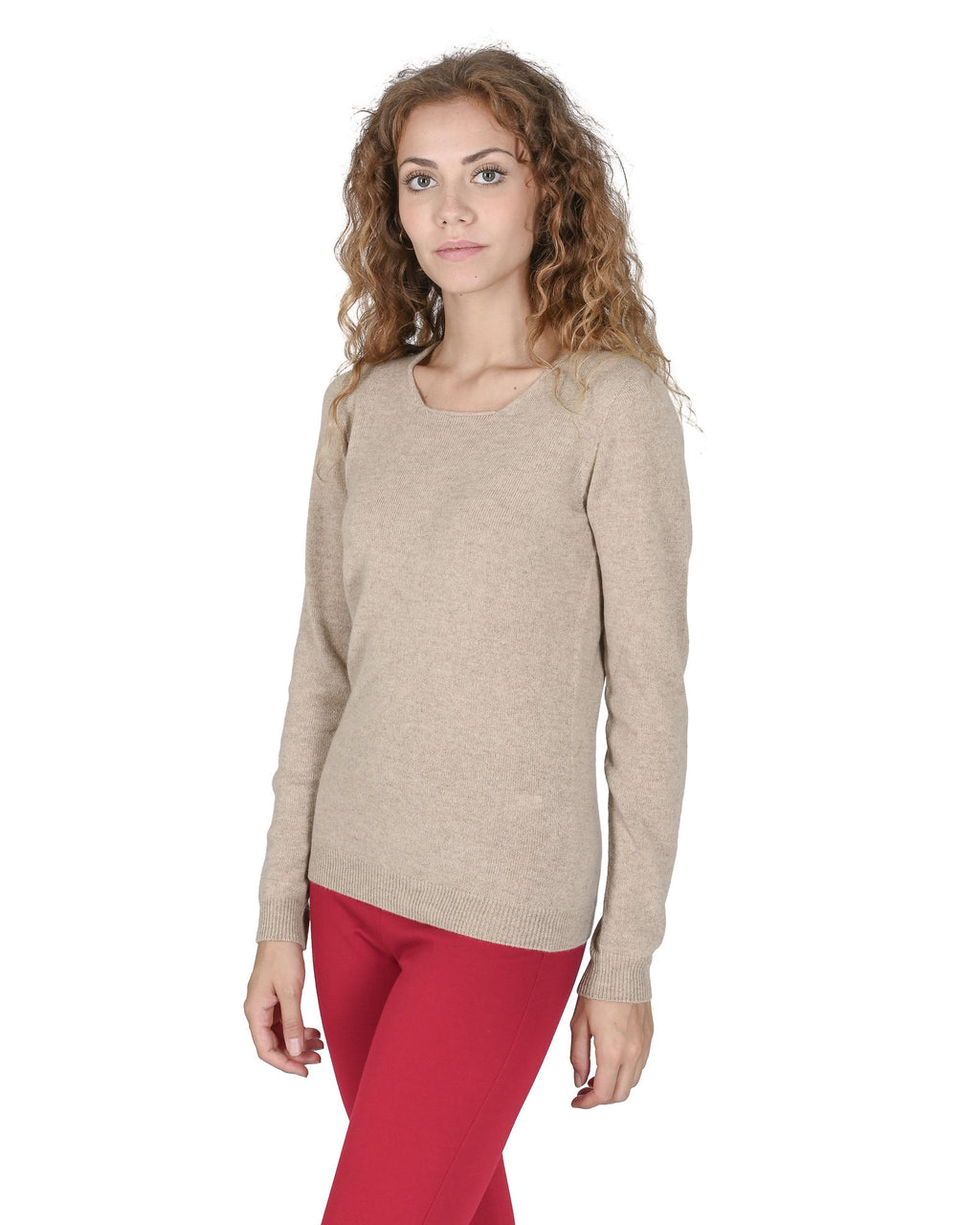 Suéter de cachemira con cuello cuadrado para mujer Crown of Edinburgh COE 0024 SAND