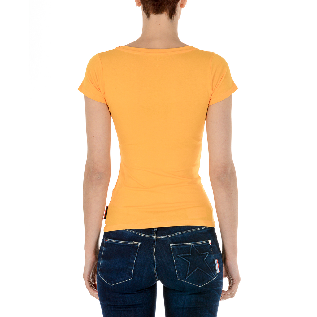 Camiseta Andrew Charles para mujer, manga corta, cuello en V, amarilla, TAPIWA