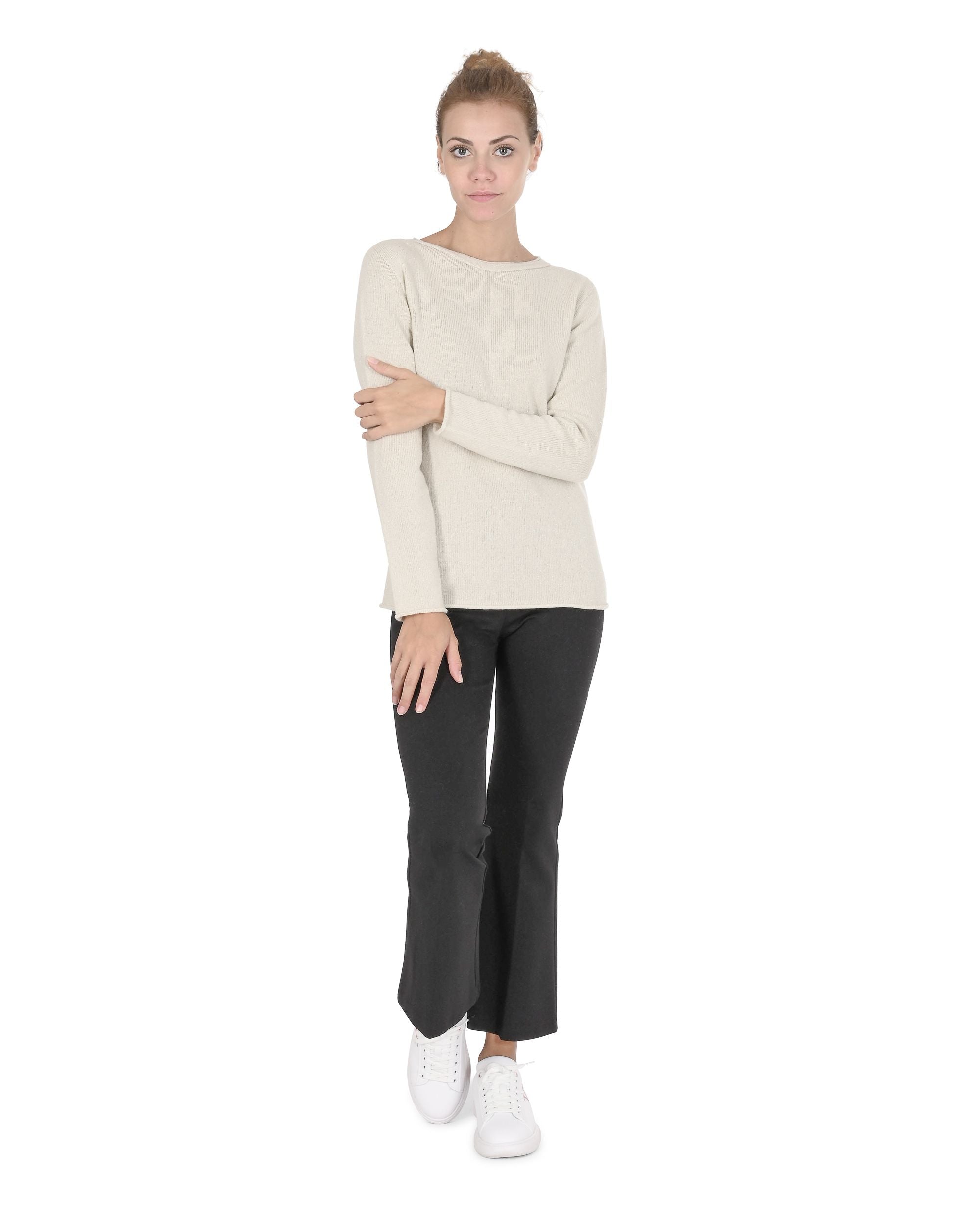 Suéter de cuello barco para mujer de cachemira Crown of Edinburgh COE 0015 CREMA