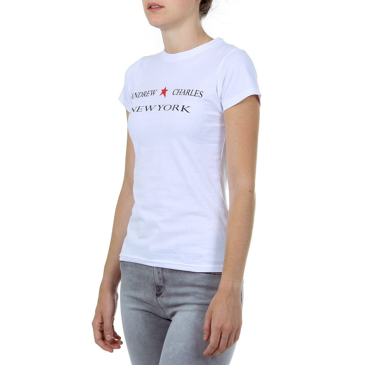 Camiseta Andrew Charles para mujer, manga corta, cuello redondo, color blanco TARANA