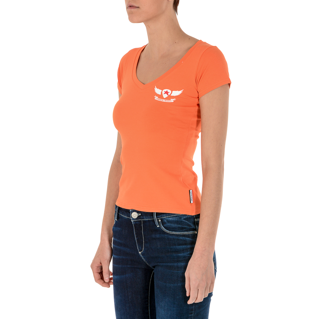 Camiseta Andrew Charles para mujer, manga corta, cuello en V, naranja, TAPIWA
