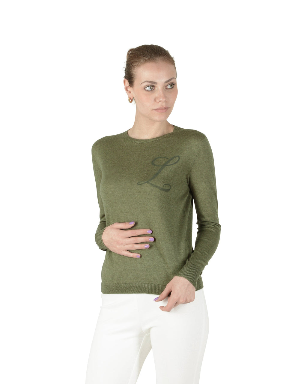 Jersey de cachemira de verano con cuello redondo y manga larga, color verde