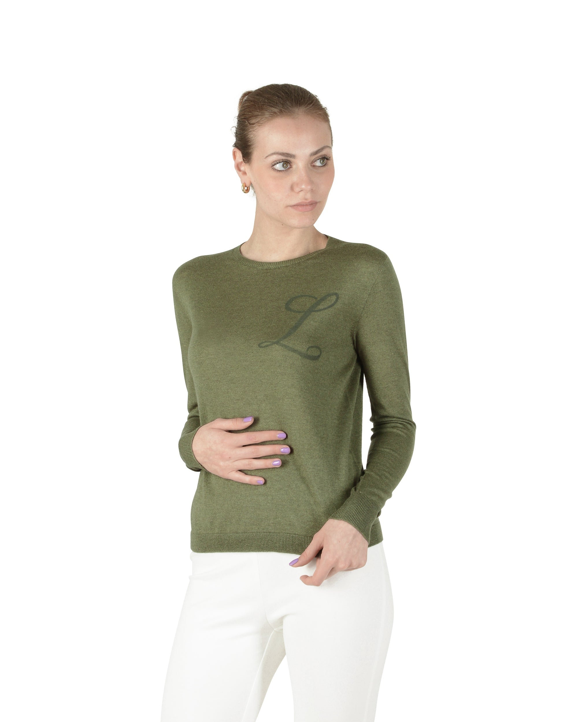 Jersey de cachemira de verano con cuello redondo y manga larga, color verde