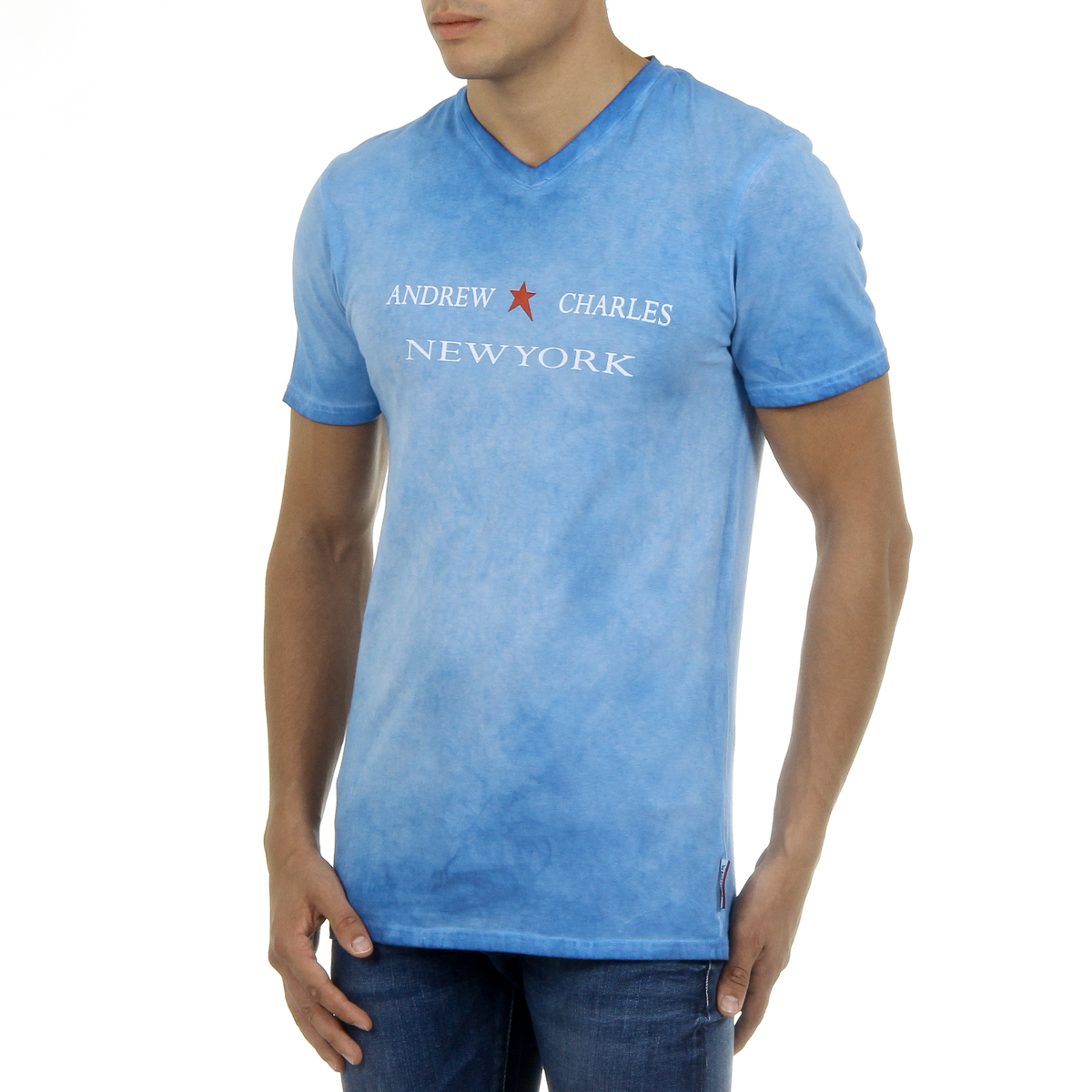 Camiseta Andrew Charles para hombre, manga corta, cuello en V, azul claro, KOFI