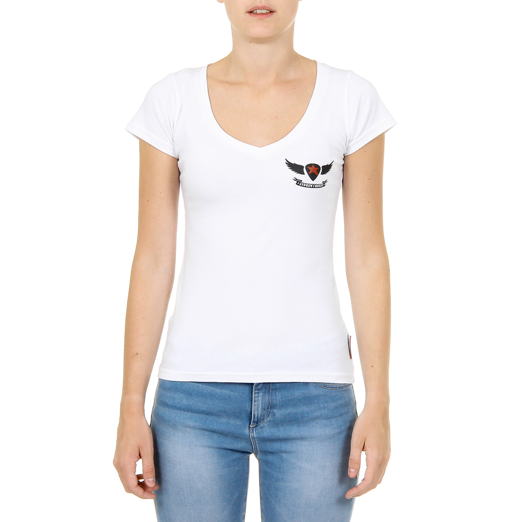 Camiseta Andrew Charles para mujer, manga corta, cuello en V, blanca, TAPIWA