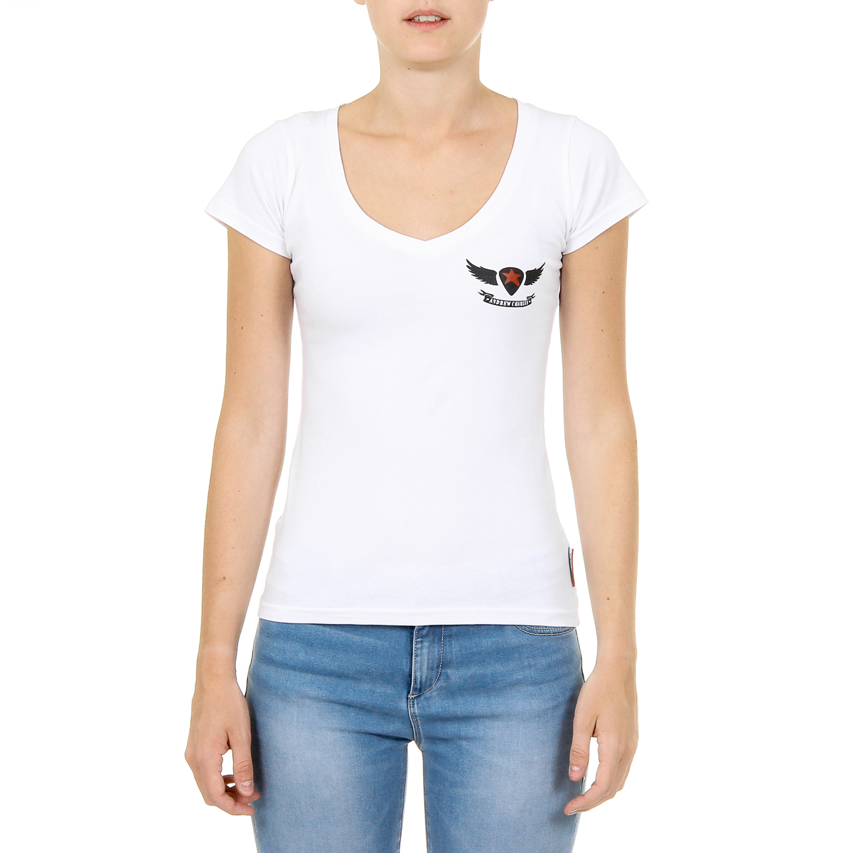 Camiseta Andrew Charles para mujer, manga corta, cuello en V, blanca, TAPIWA