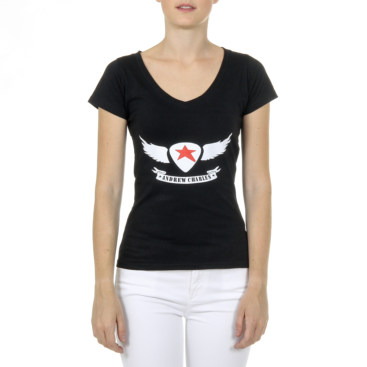 Camiseta Andrew Charles para mujer, manga corta, cuello en V, negra, TAPIWA
