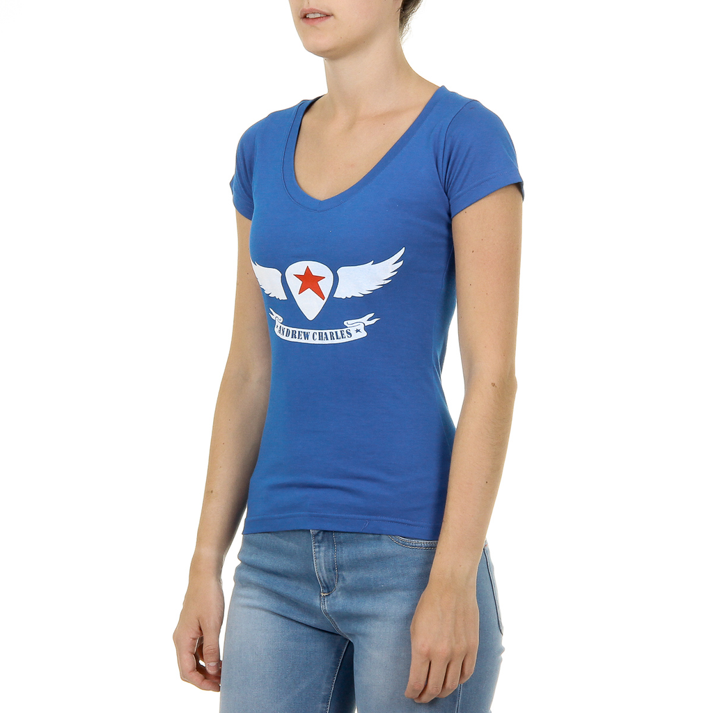 Camiseta Andrew Charles para mujer, manga corta, cuello en V, azul TAPIWA