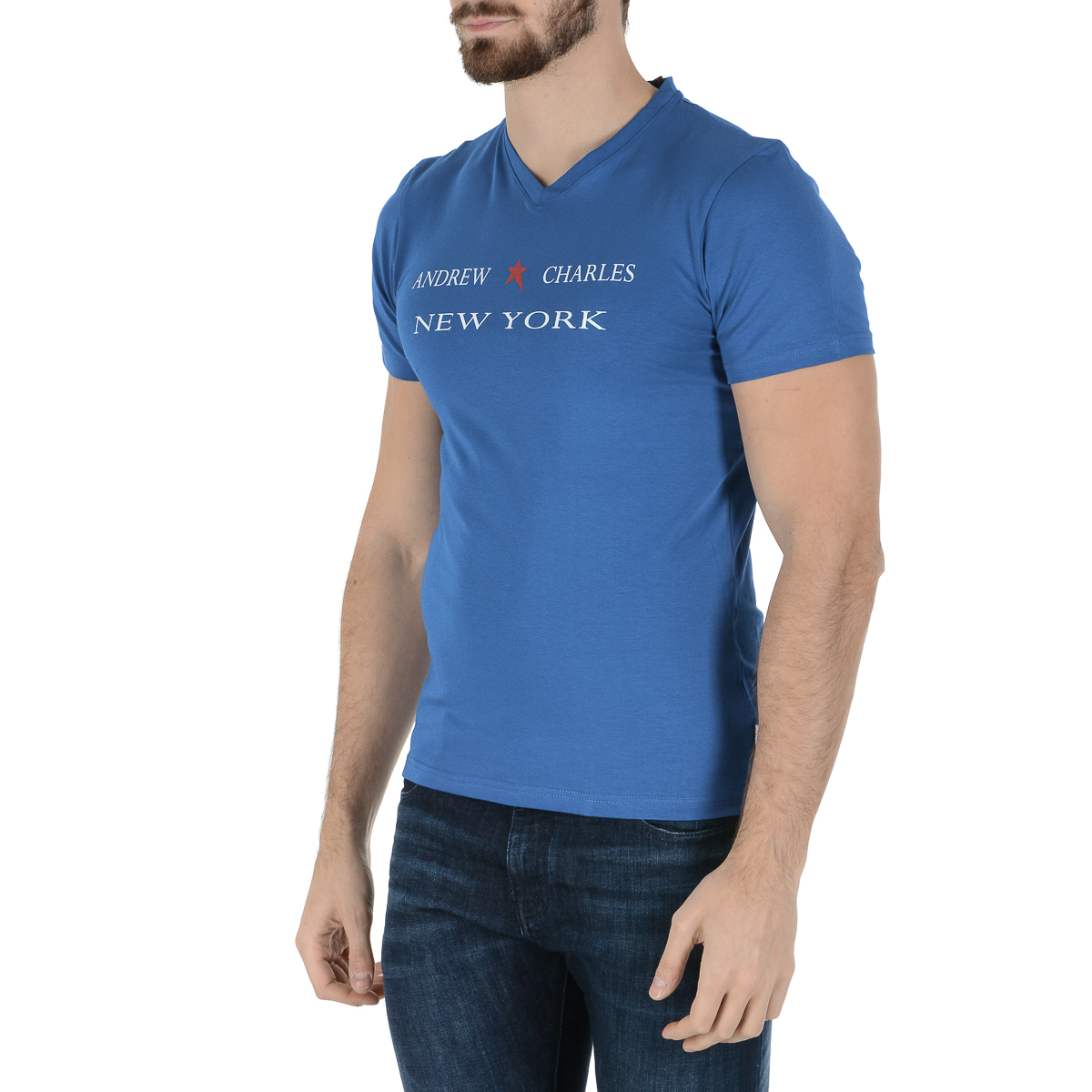 Camiseta Andrew Charles para hombre, manga corta, cuello en V, azul, KENAN