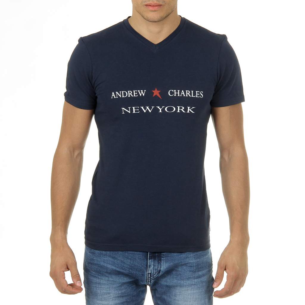 Camiseta Andrew Charles para hombre, manga corta, cuello en V, azul, KENAN