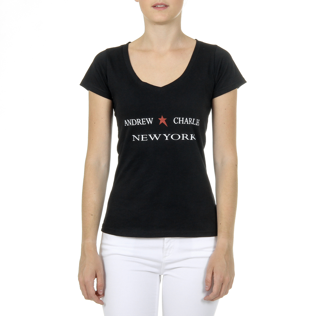 Camiseta Andrew Charles para mujer, manga corta, cuello en V, negra, TAPIWA
